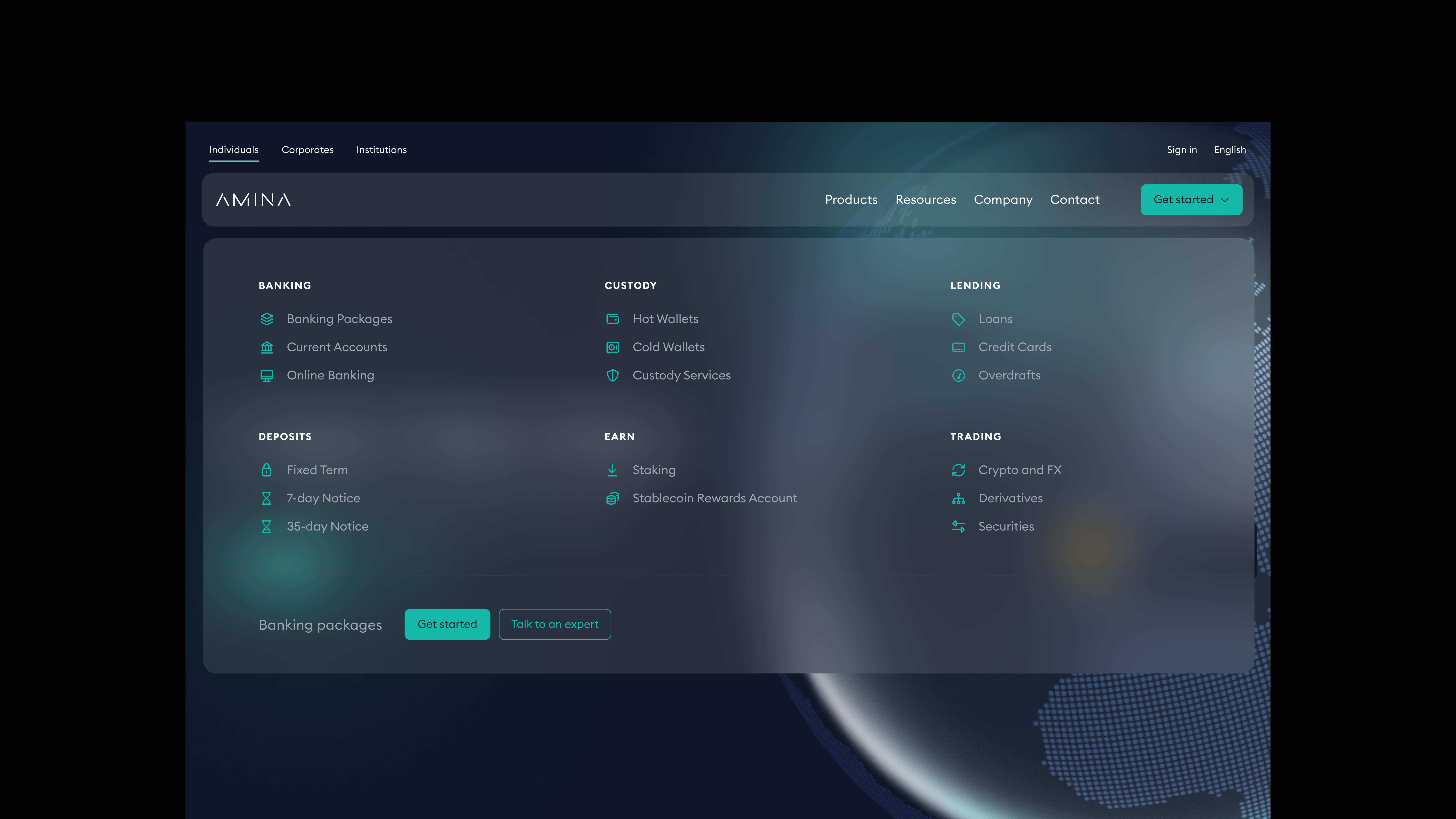 A website menu for AMINA displays sections: Banking, Deposits, Custody, Earn, Lending, and Trading, with related services under each—showcasing digital experience design for crypto banking in a dark theme with teal and white text.