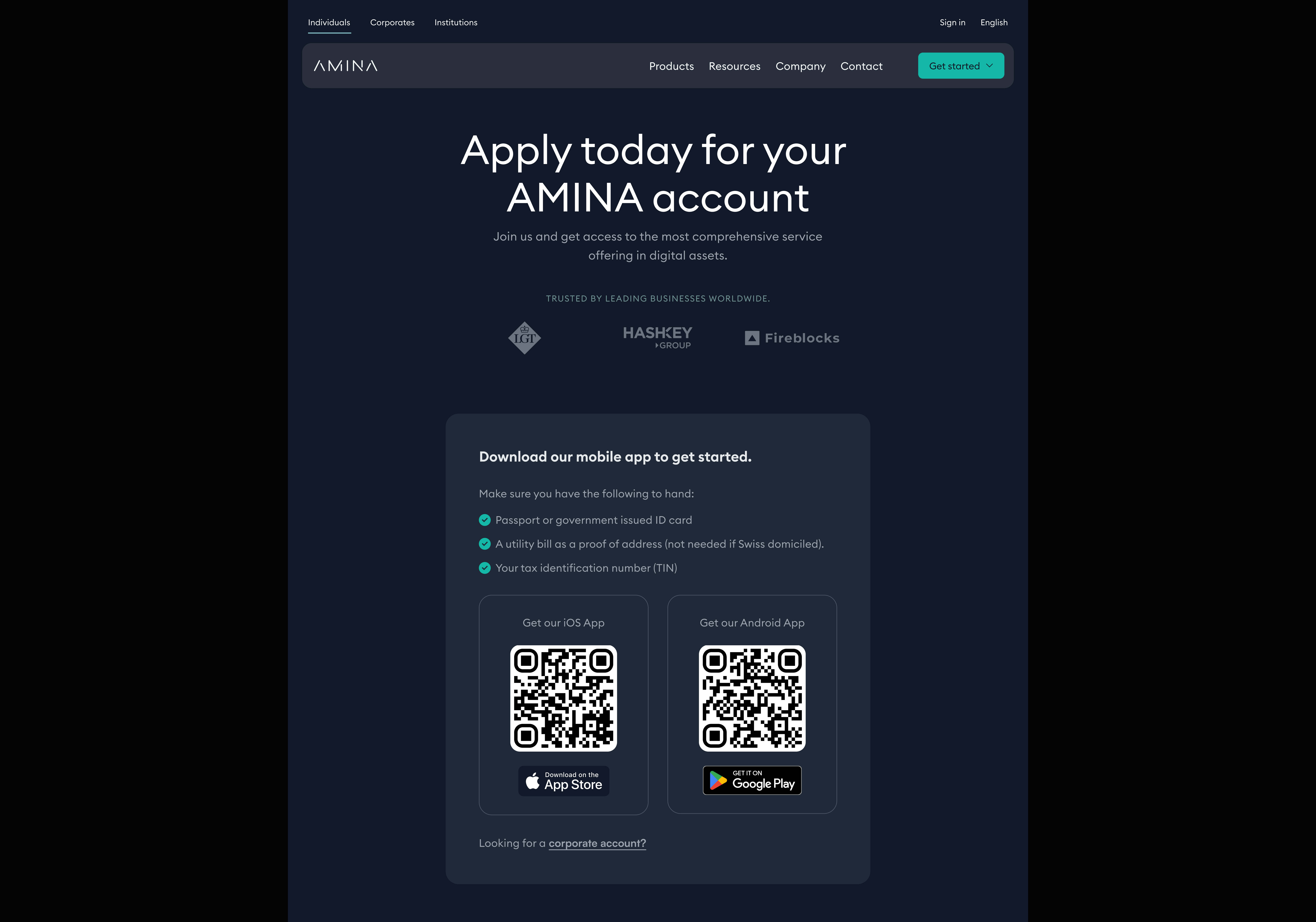 A dark-themed webpage showcases digital experience design for crypto banking, inviting users to apply for an AMINA account, with QR codes for mobile app downloads and partnership logos for HASHKEY and Fireblocks.