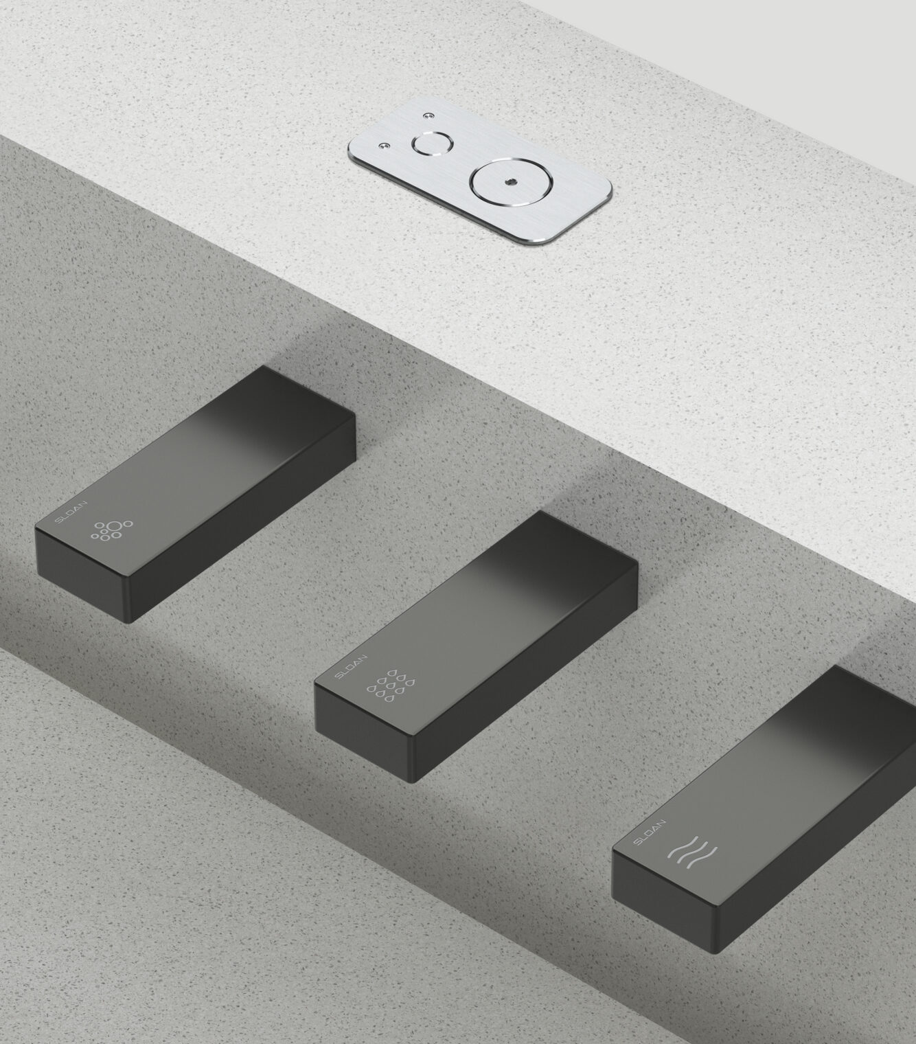 High-angle shot of sleek, matte black soap dispensers and faucets.