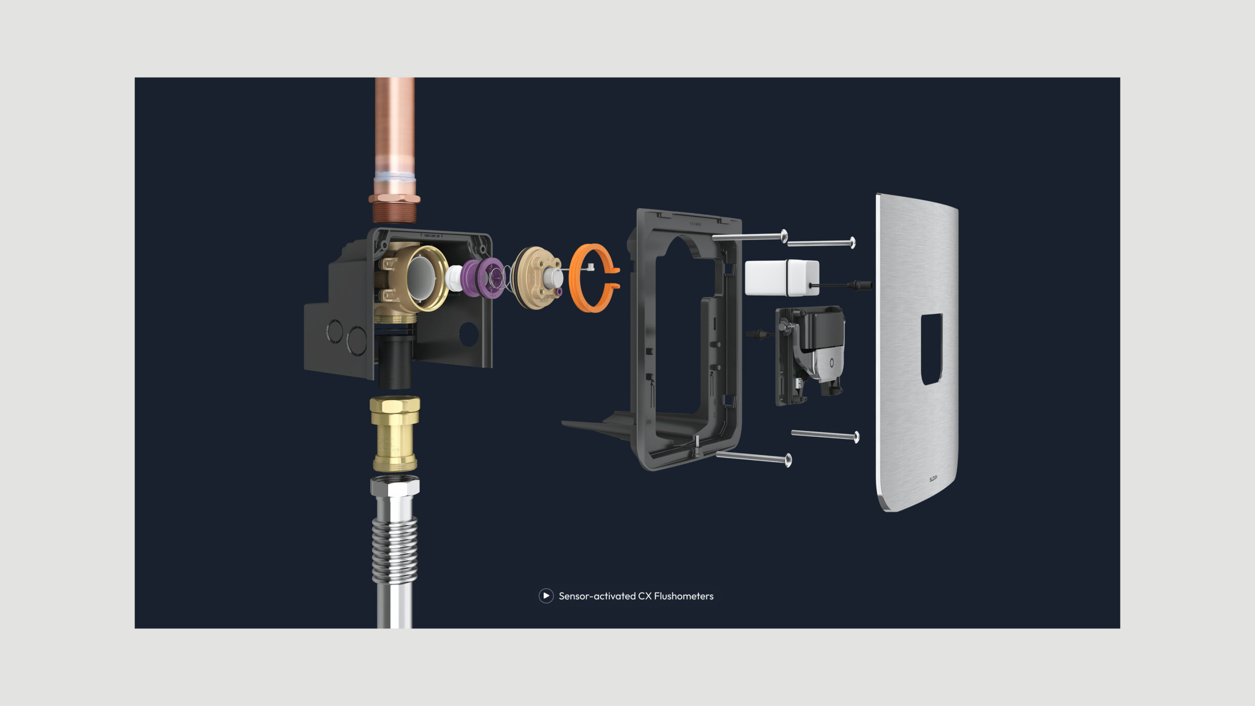 3D exploded view of a Sloan sensor flushometer revealing internal component architecture.