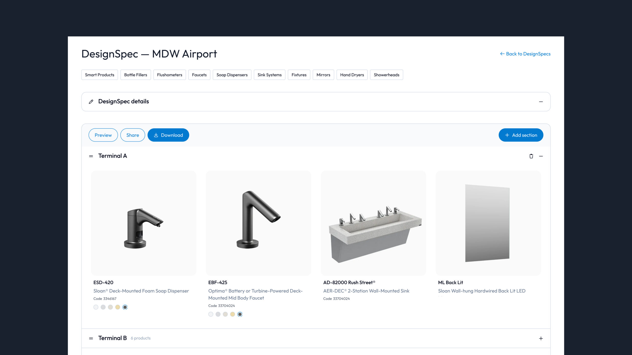 Design Spec page featuring installed Sloan products.