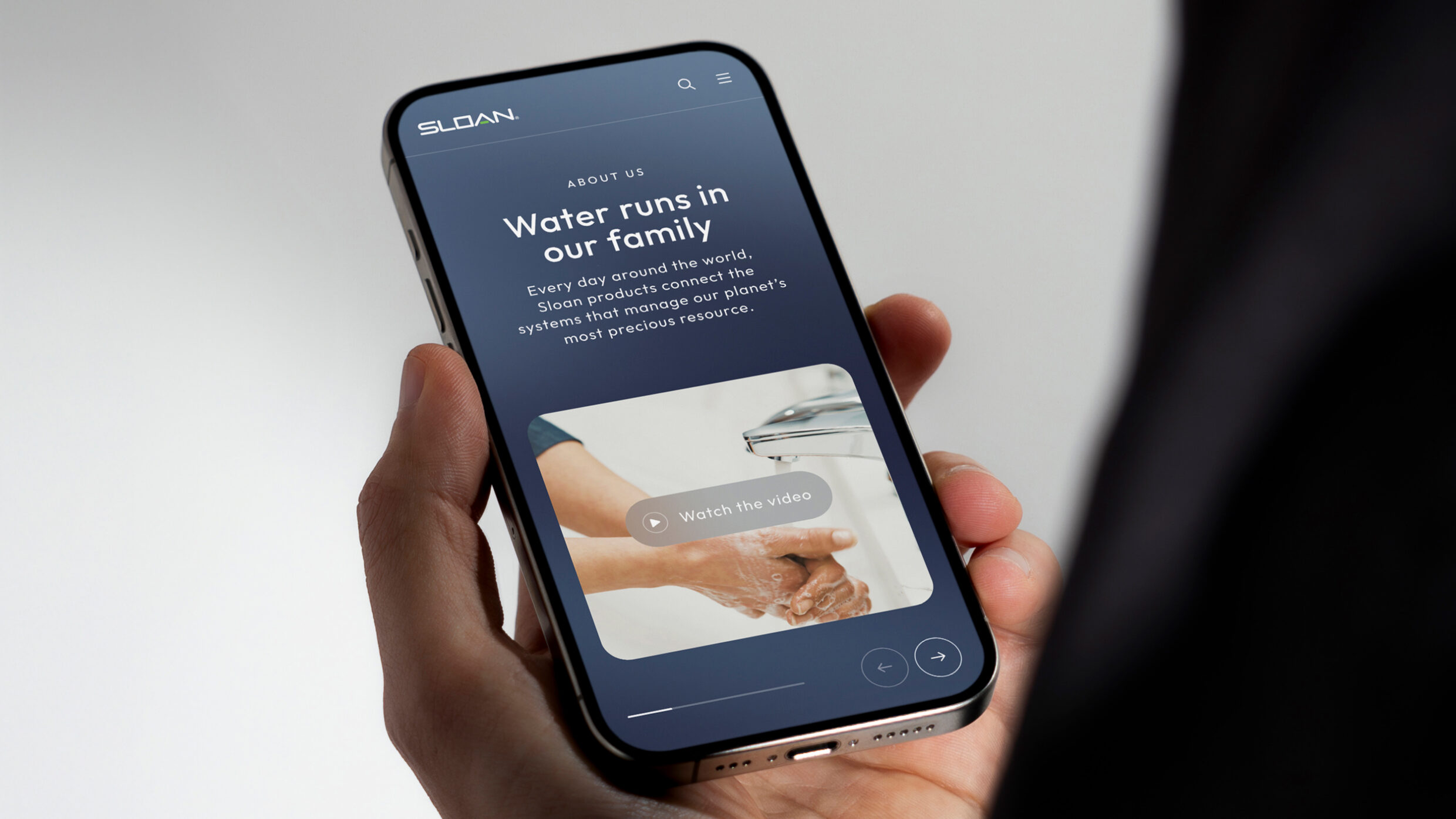 Smartphone showing the Sloan brand story and "Water runs in our family" video.