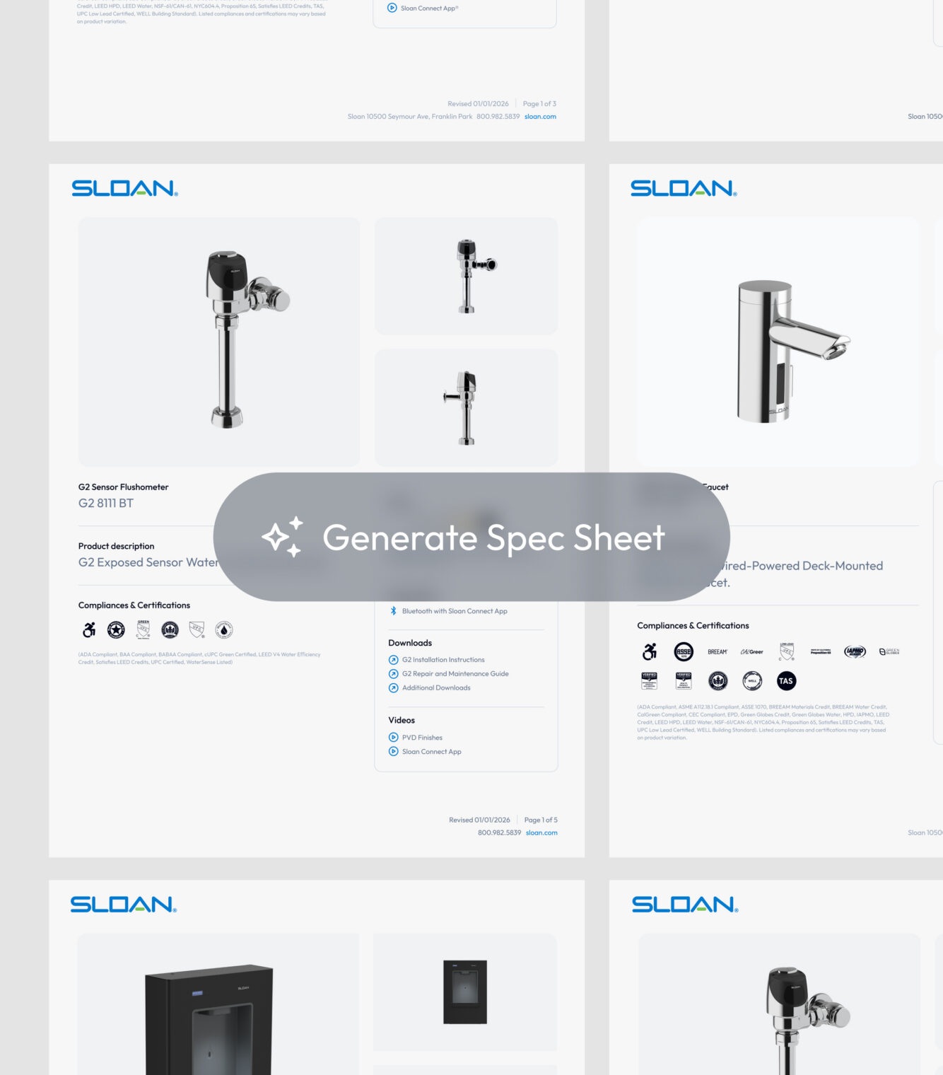 Real-time generated PDF specification sheets showcasing live product data integration.