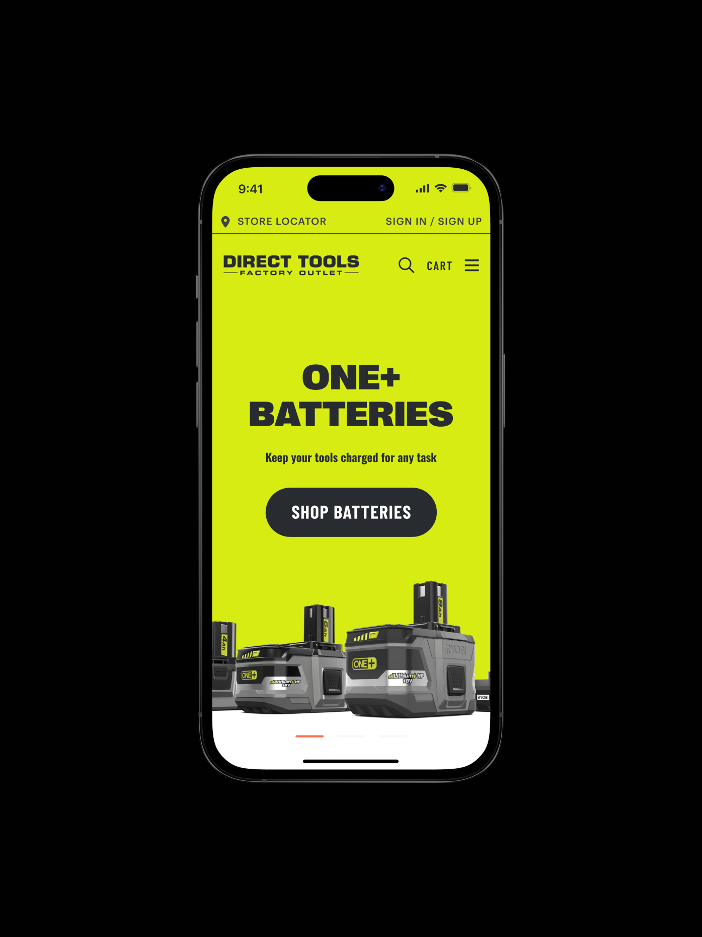 Mobile website mockup for Direct Tools Factory Outlet featuring Ryobi ONE+ batteries.