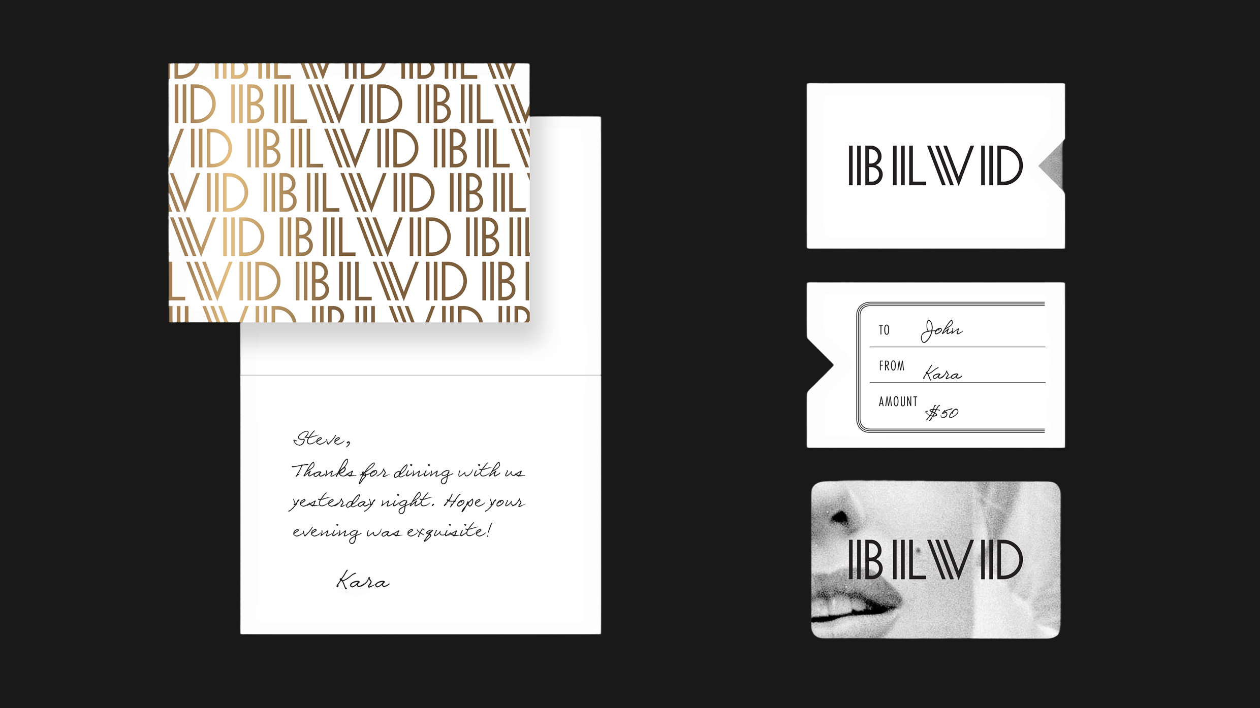 BLVD restaurant gift card and custom stationery set with Art Deco typography.