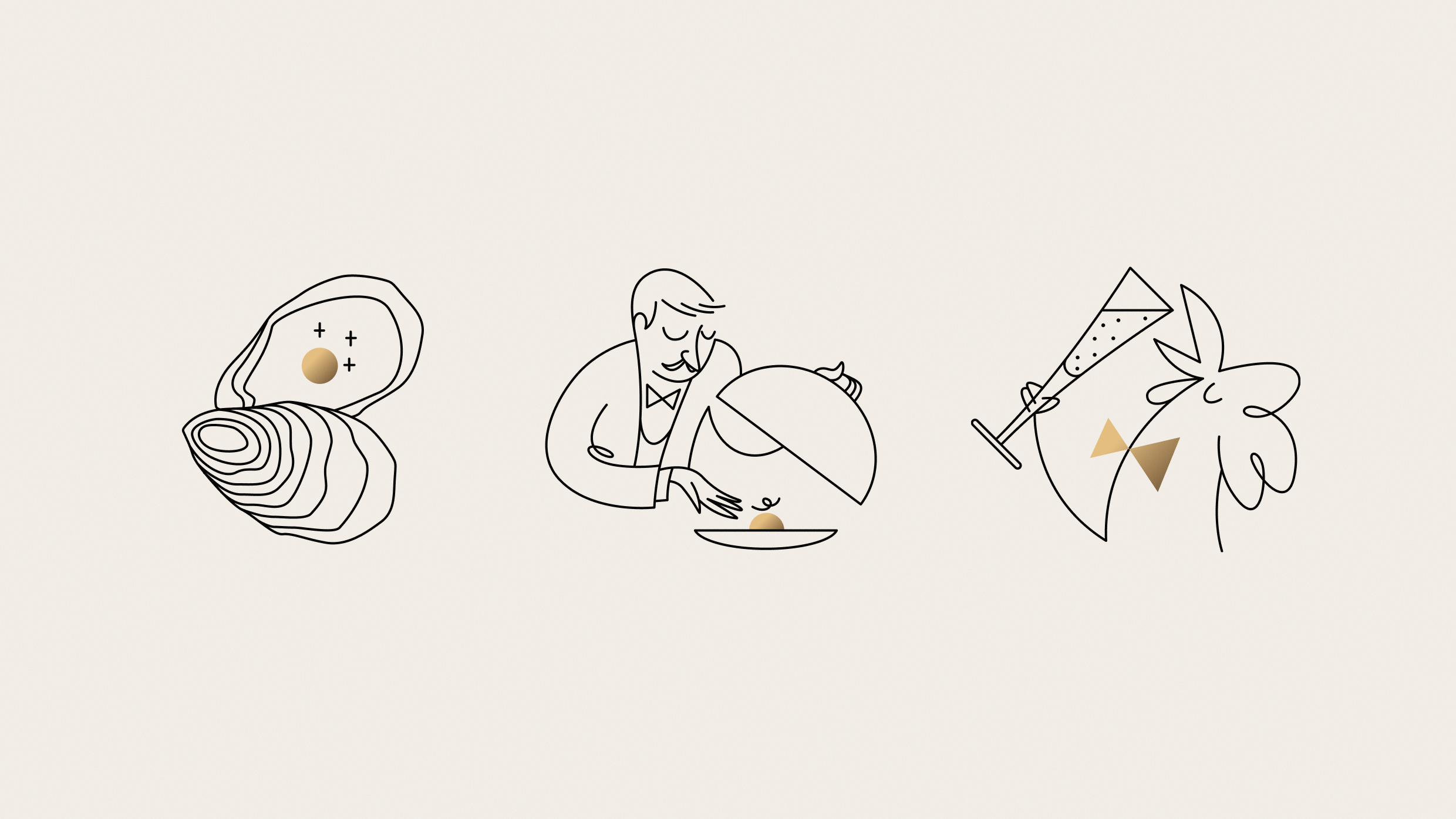 Minimalist black line art illustrations of an oyster, a waiter, and a rooster with champagne.