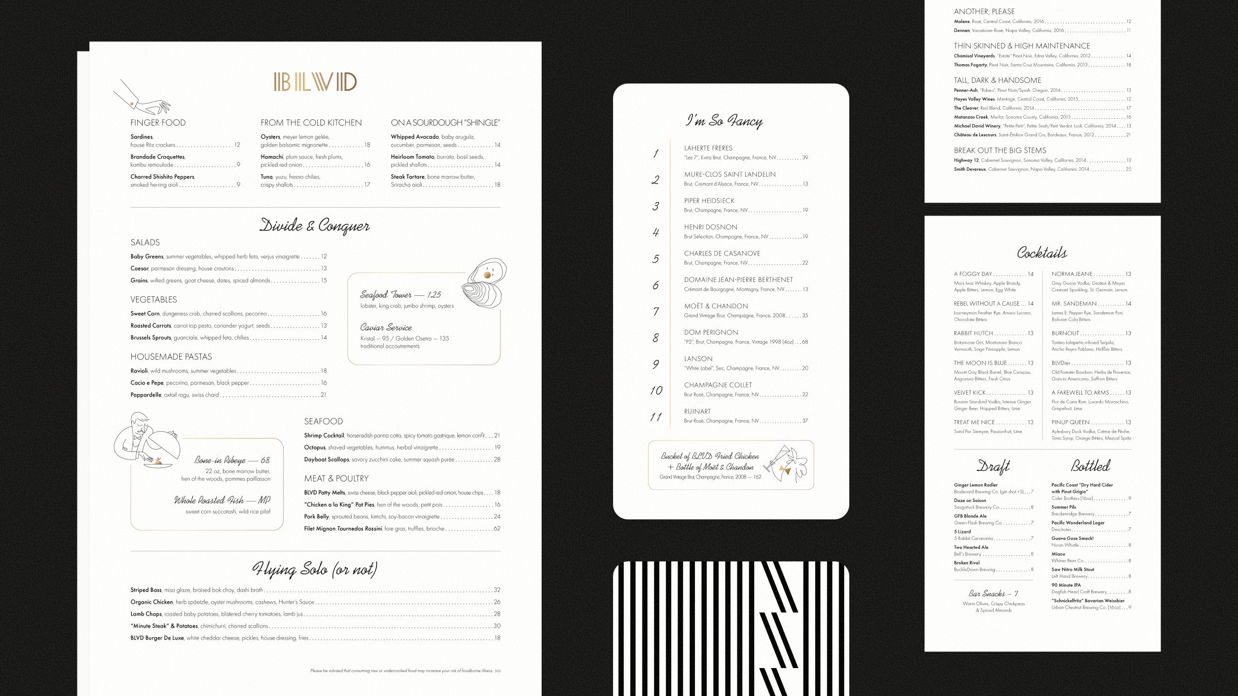 Graphic design layout of BLVD food, cocktail, and champagne menus with geometric branding patterns.