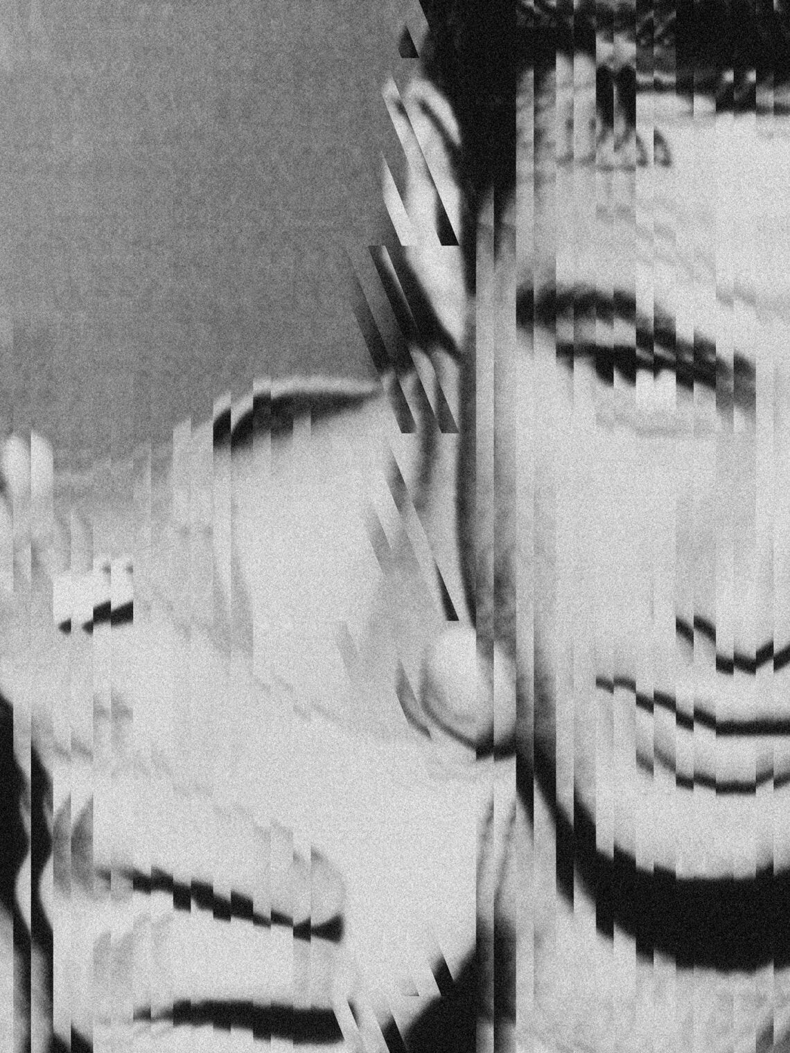 High-contrast black and white vertical glitch distortion effect on a close-up portrait.