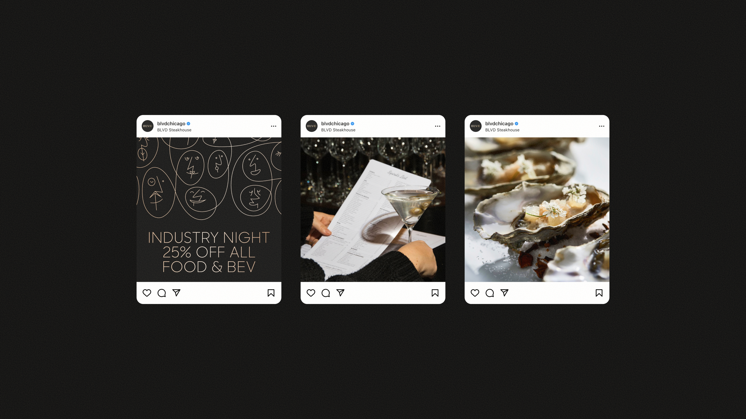 Three Instagram post mockups for BLVD Steakhouse featuring industry night promotions, drinks, and oysters.