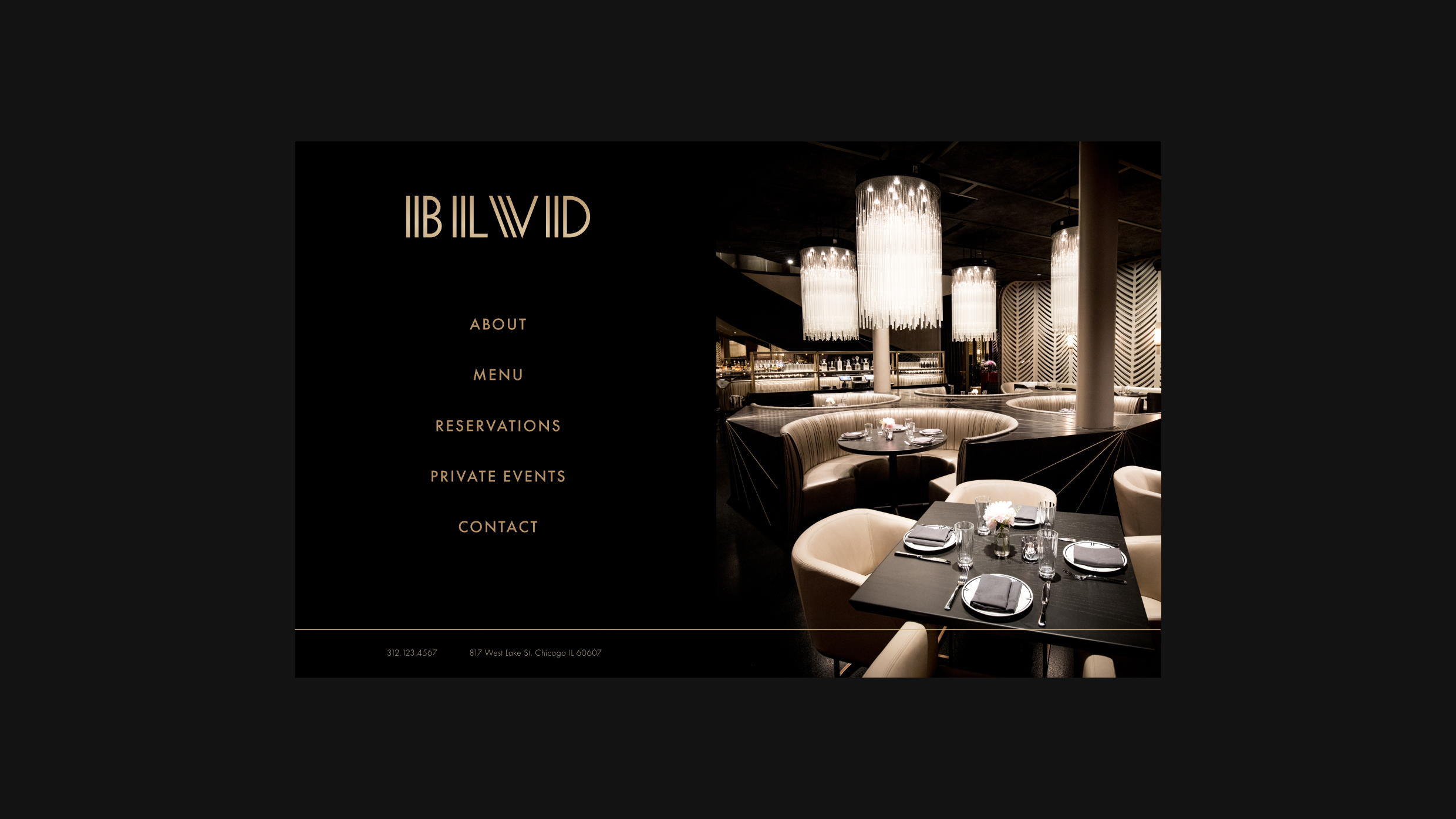 BLVD Steakhouse website homepage with a gold menu overlaying a luxurious dining room photo.