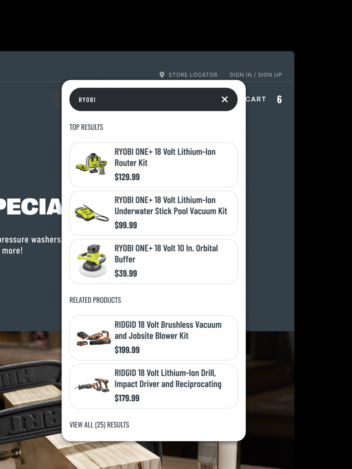 Search dropdown overlay on a website showing Ryobi and Ridgid power tool products.