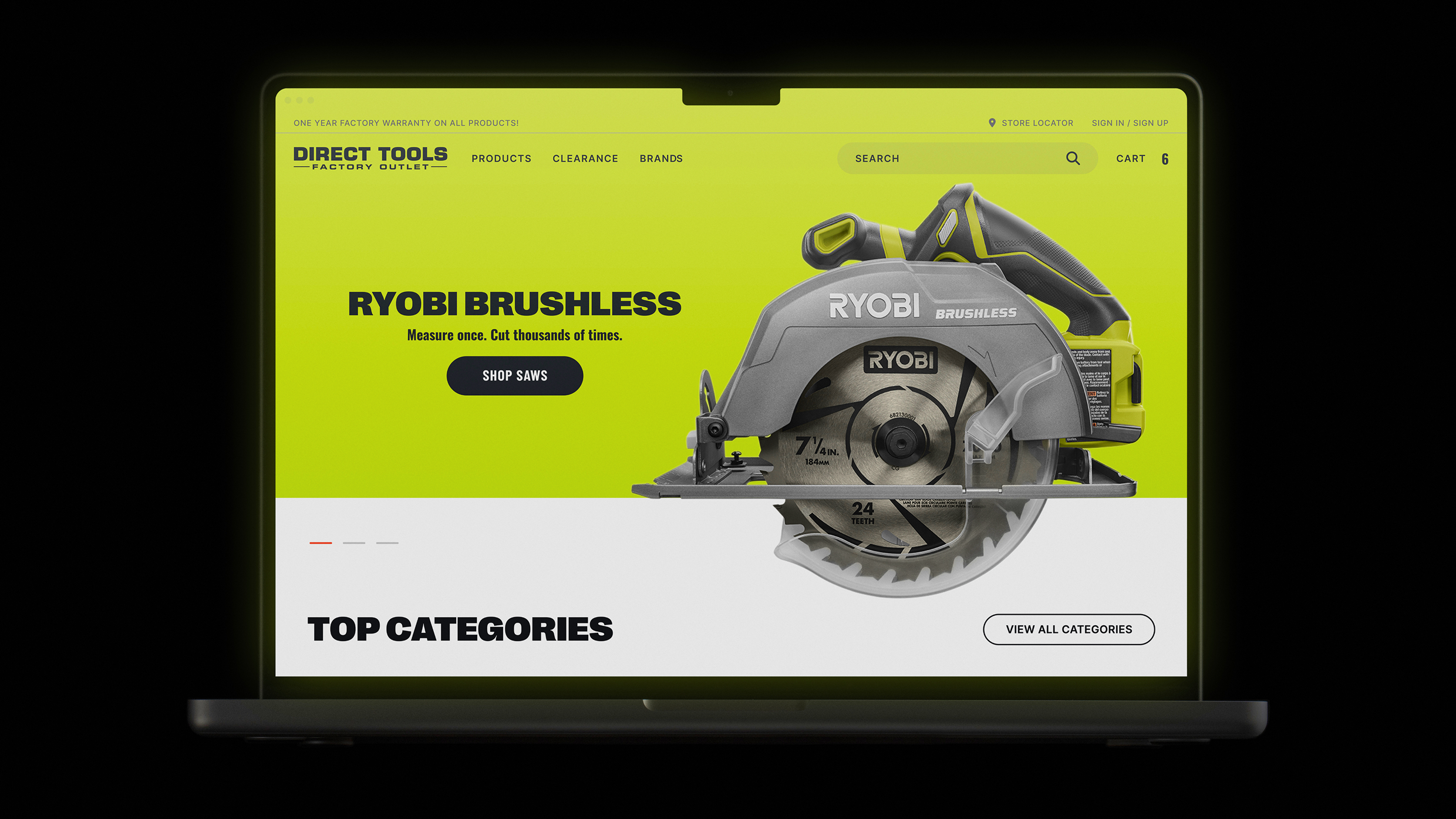Laptop mockup displaying Direct Tools Factory Outlet website homepage featuring a Ryobi brushless circular saw.