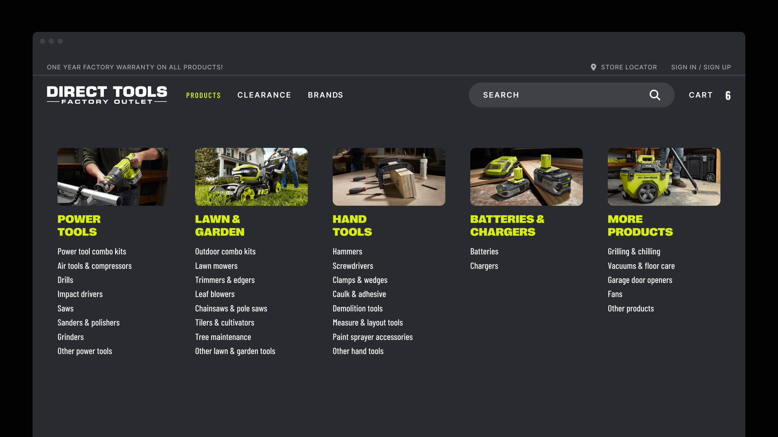 Website navigation menu for Direct Tools Factory Outlet displaying product categories and dropdown lists.