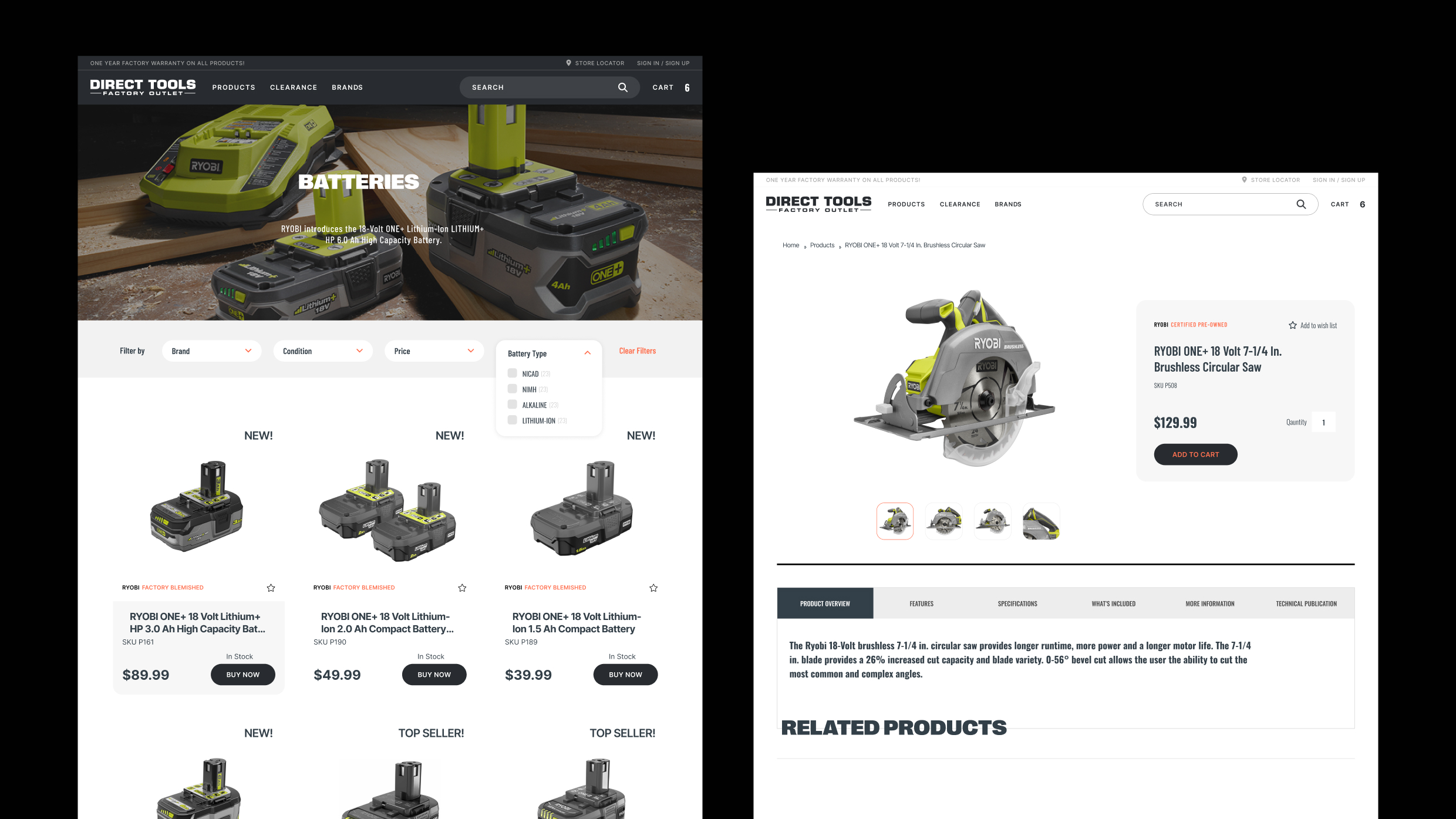 Direct Tools Factory Outlet website interface showing Ryobi batteries and circular saw product pages.