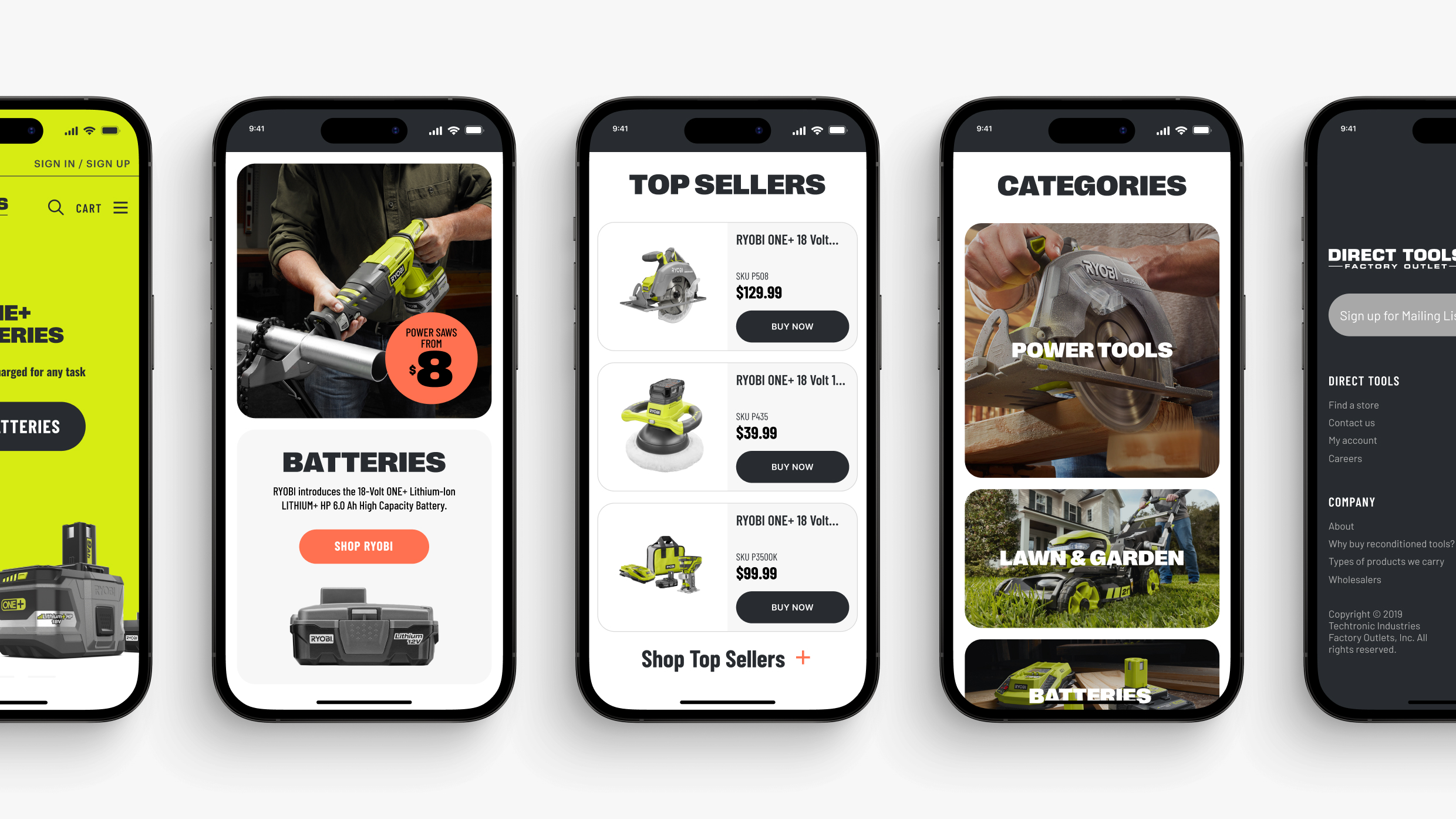 Mobile screens showing the responsive design layout of the Direct Tools factory outlet website.