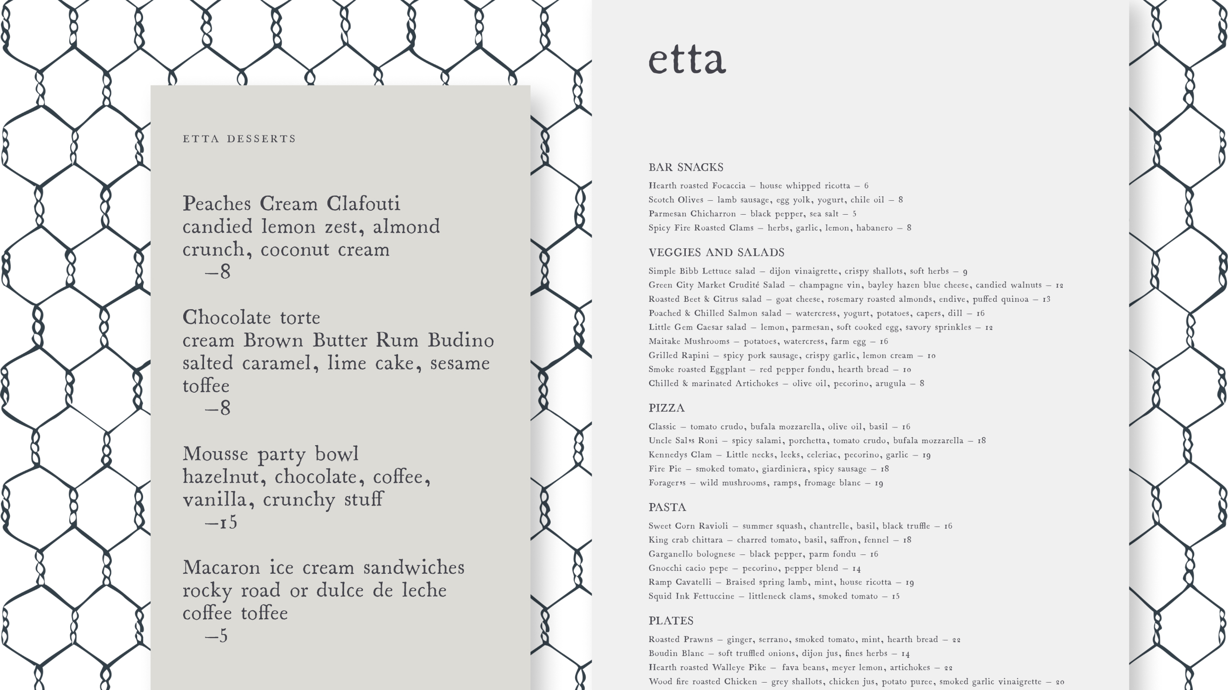 Elegantly formatted restaurant dinner and dessert menus for Etta on a chicken wire background.