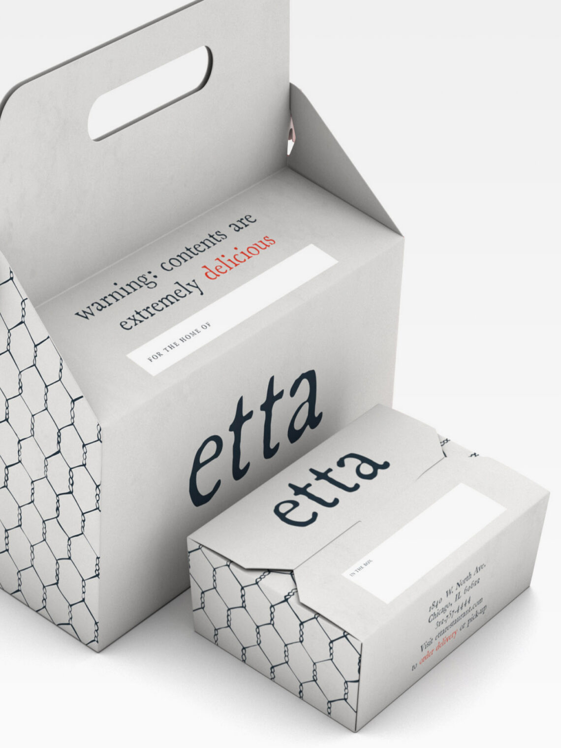Custom branded Etta restaurant takeout boxes featuring a chicken wire pattern and logo.