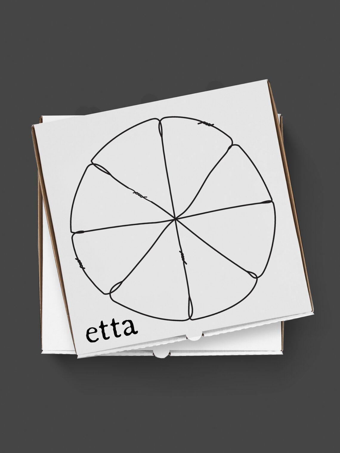 Stacked white pizza boxes featuring a black line-drawn sliced pizza illustration and "etta" logo.