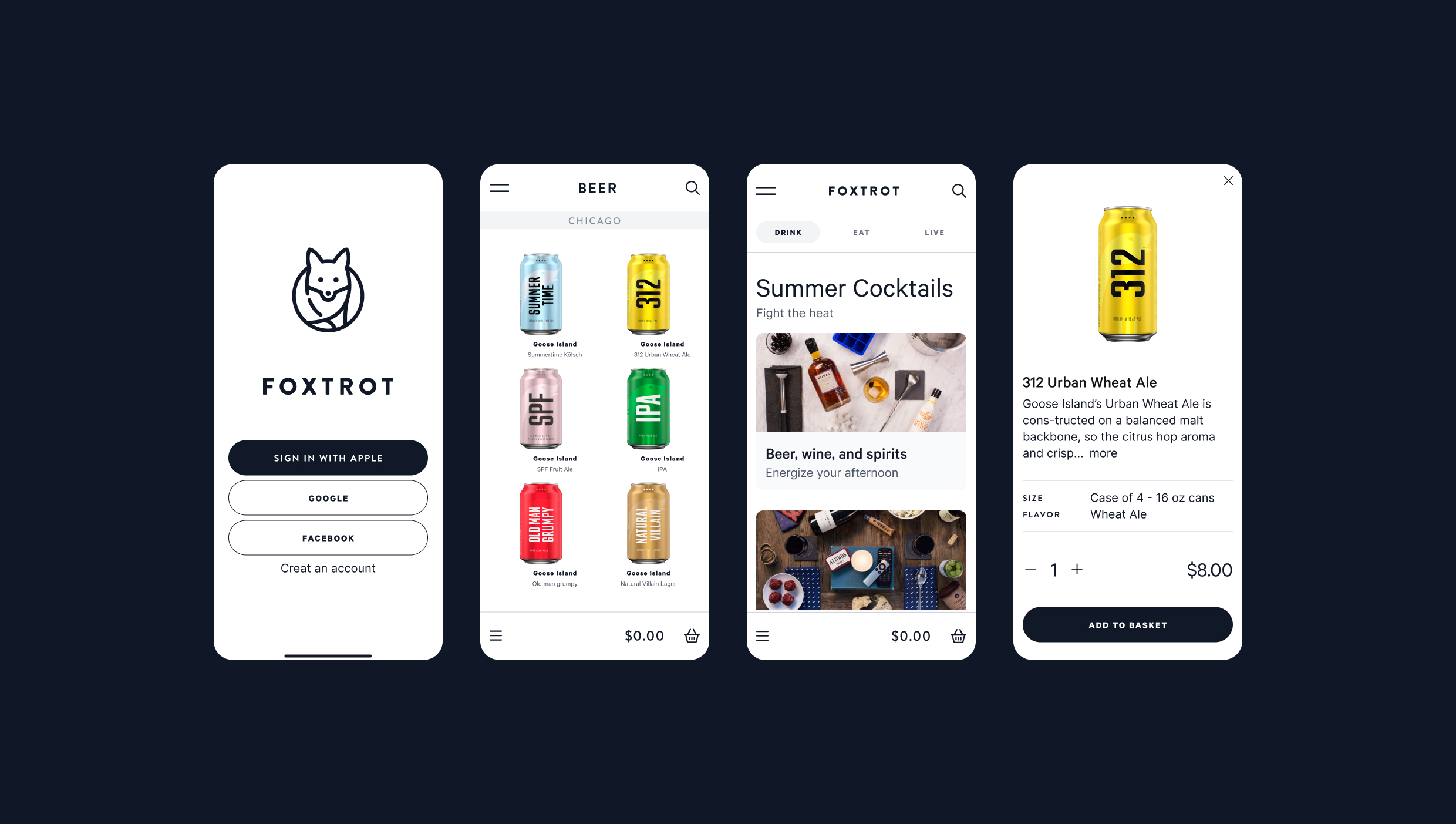 Four smartphone screens displaying the user interface design for the Foxtrot mobile app.