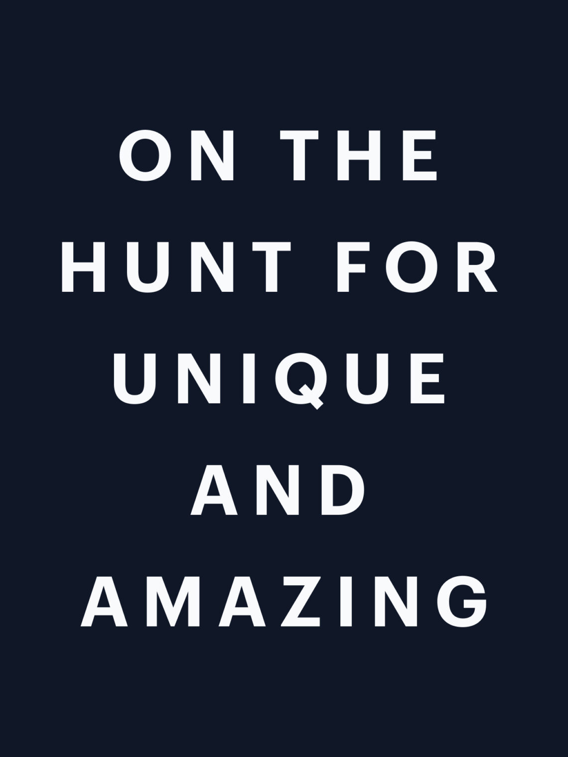 Graphic with the bold text "ON THE HUNT FOR UNIQUE AND AMAZING" on a dark background.