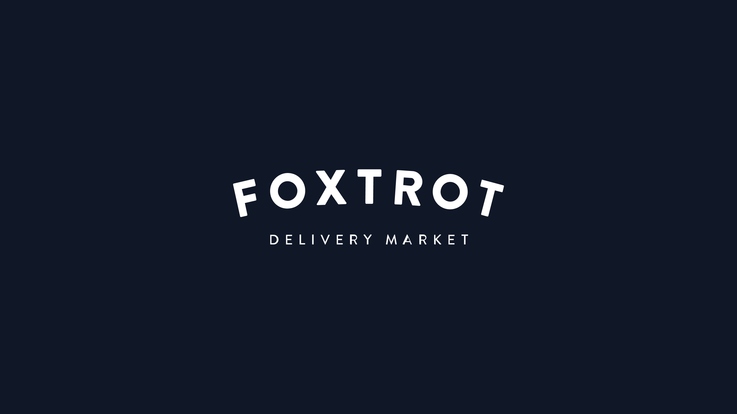 White typographic logo for Foxtrot Delivery Market centered on a dark background.