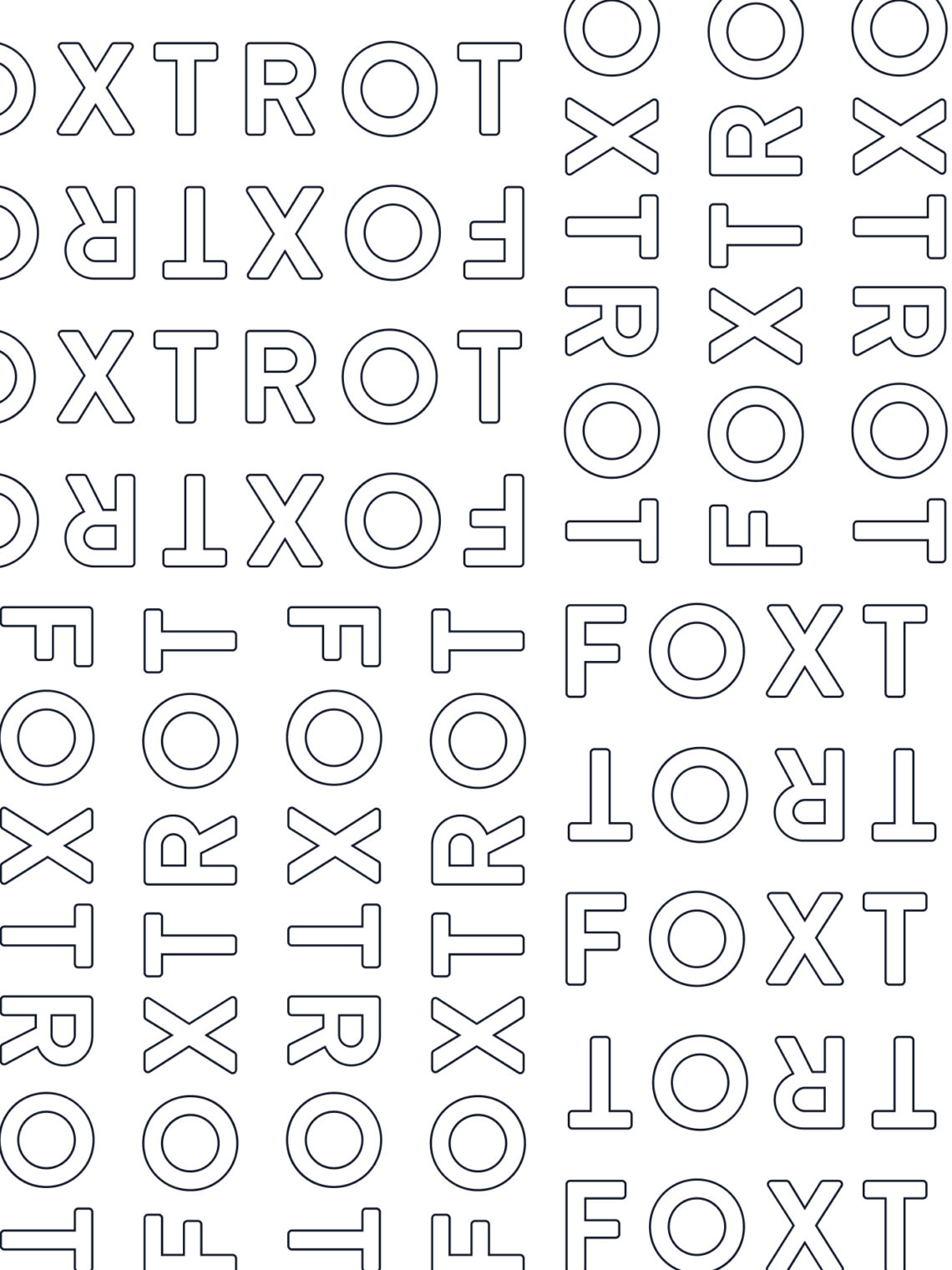 A repeating typographic pattern of the word "FOXTROT" in an outlined sans-serif font.