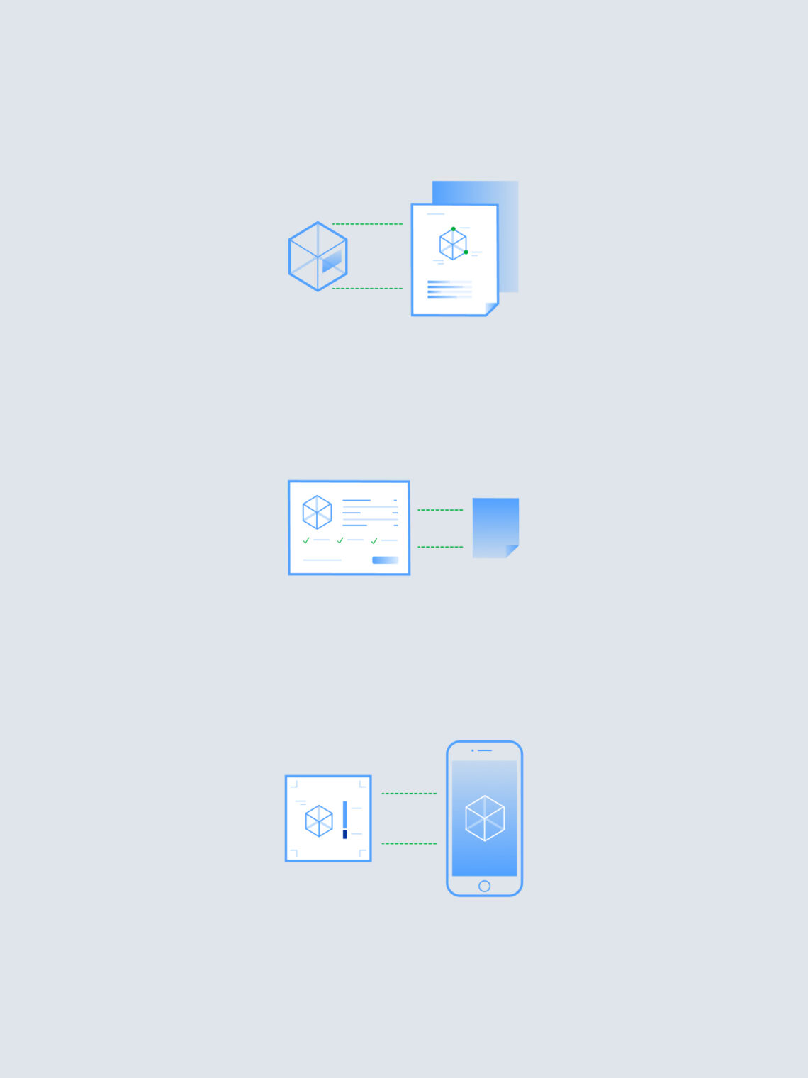 Blue minimalist outline icons illustrating data flowing from a cube to various digital devices.