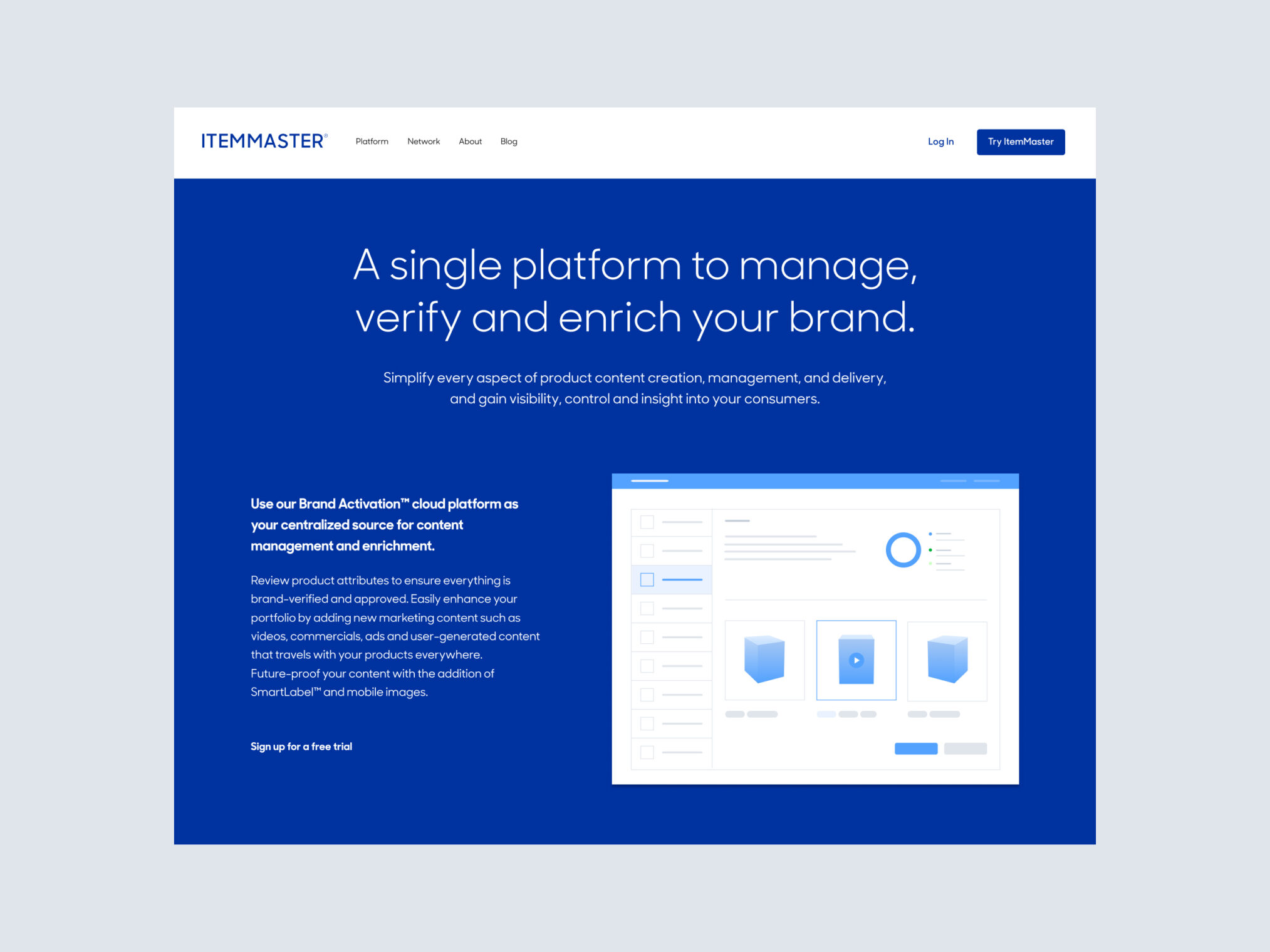 ItemMaster website section detailing brand management platform features with a minimalist UI wireframe graphic.
