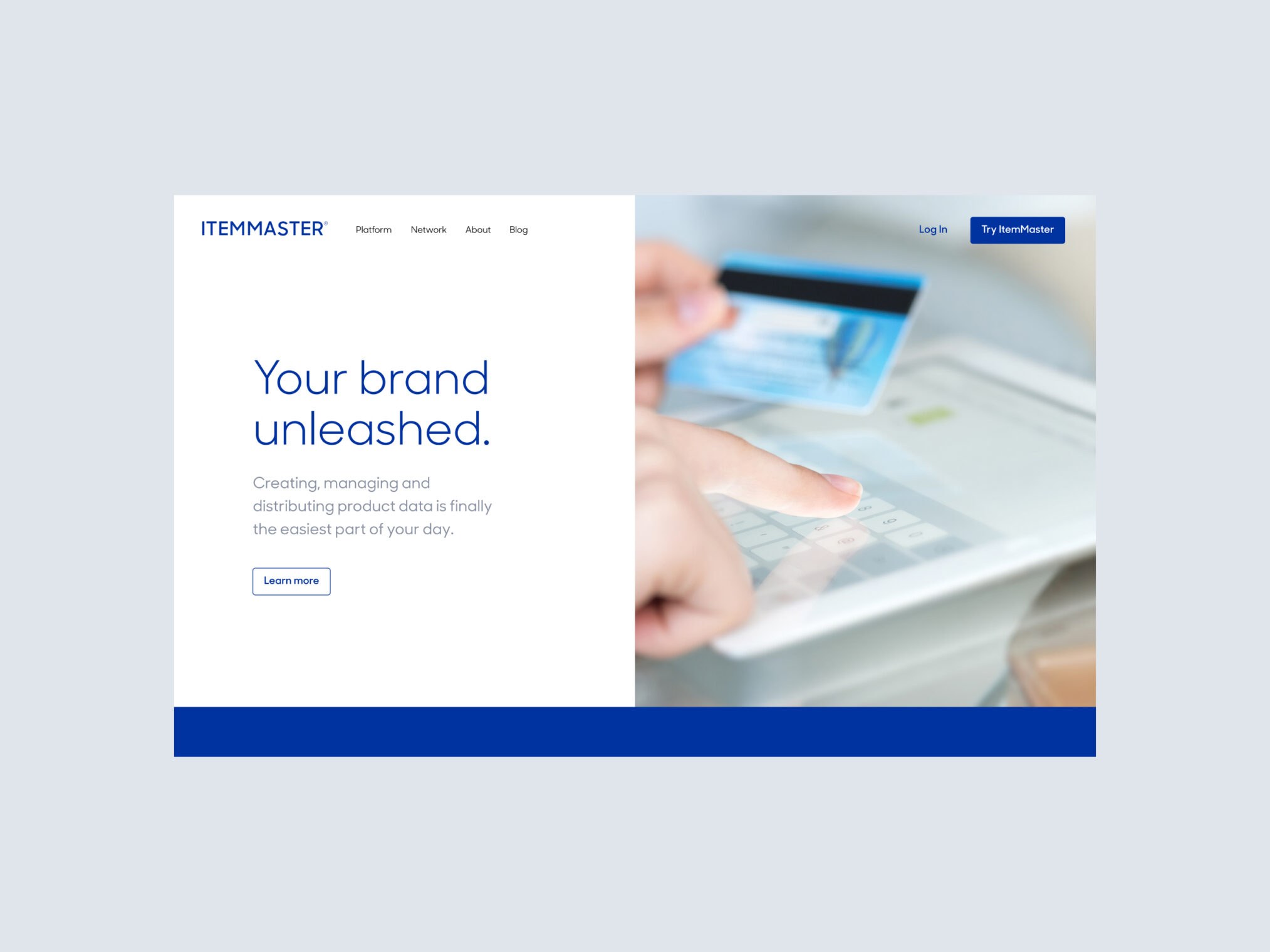 ItemMaster website homepage hero section displaying the tagline Your brand unleashed beside tablet usage.