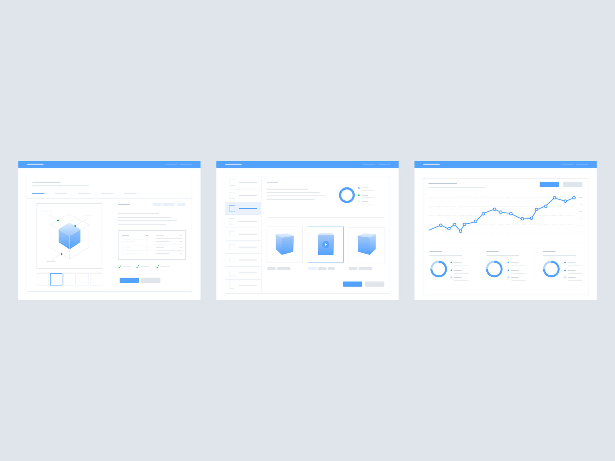Three stacked minimalist blue and white UI wireframes displaying product catalogs and analytics graphs.