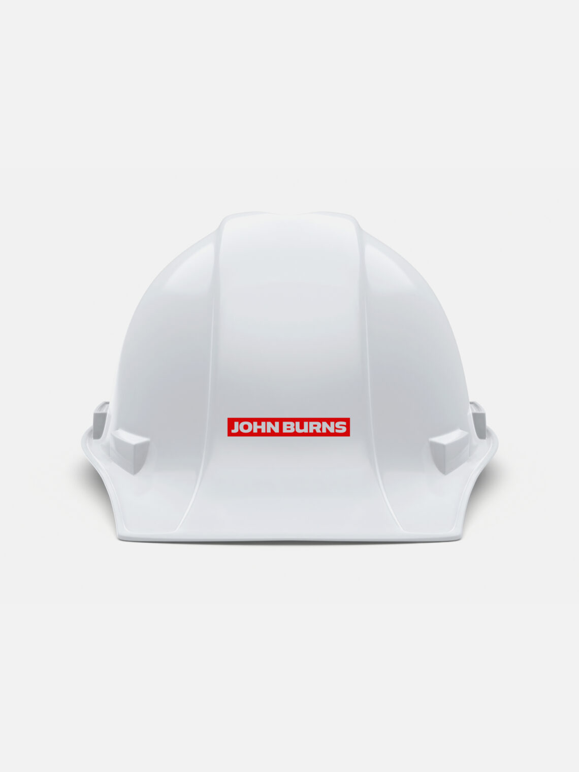 White construction safety hardhat centered on a light gray background with John Burns logo.