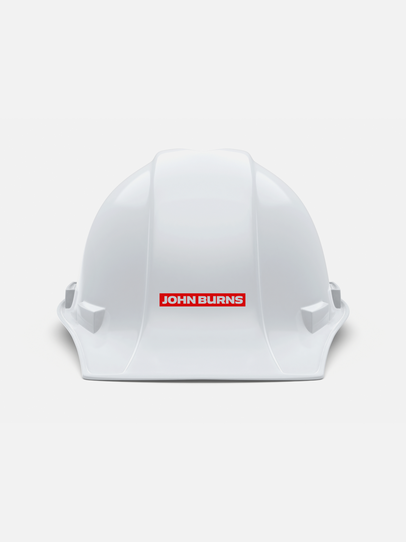 White construction safety hardhat centered on a light gray background with John Burns logo.