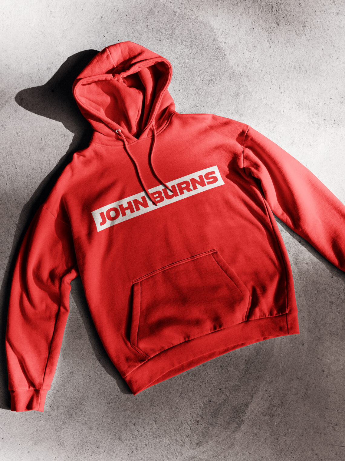 Flat lay view of a red hooded sweatshirt featuring a white John Burns graphic logo.