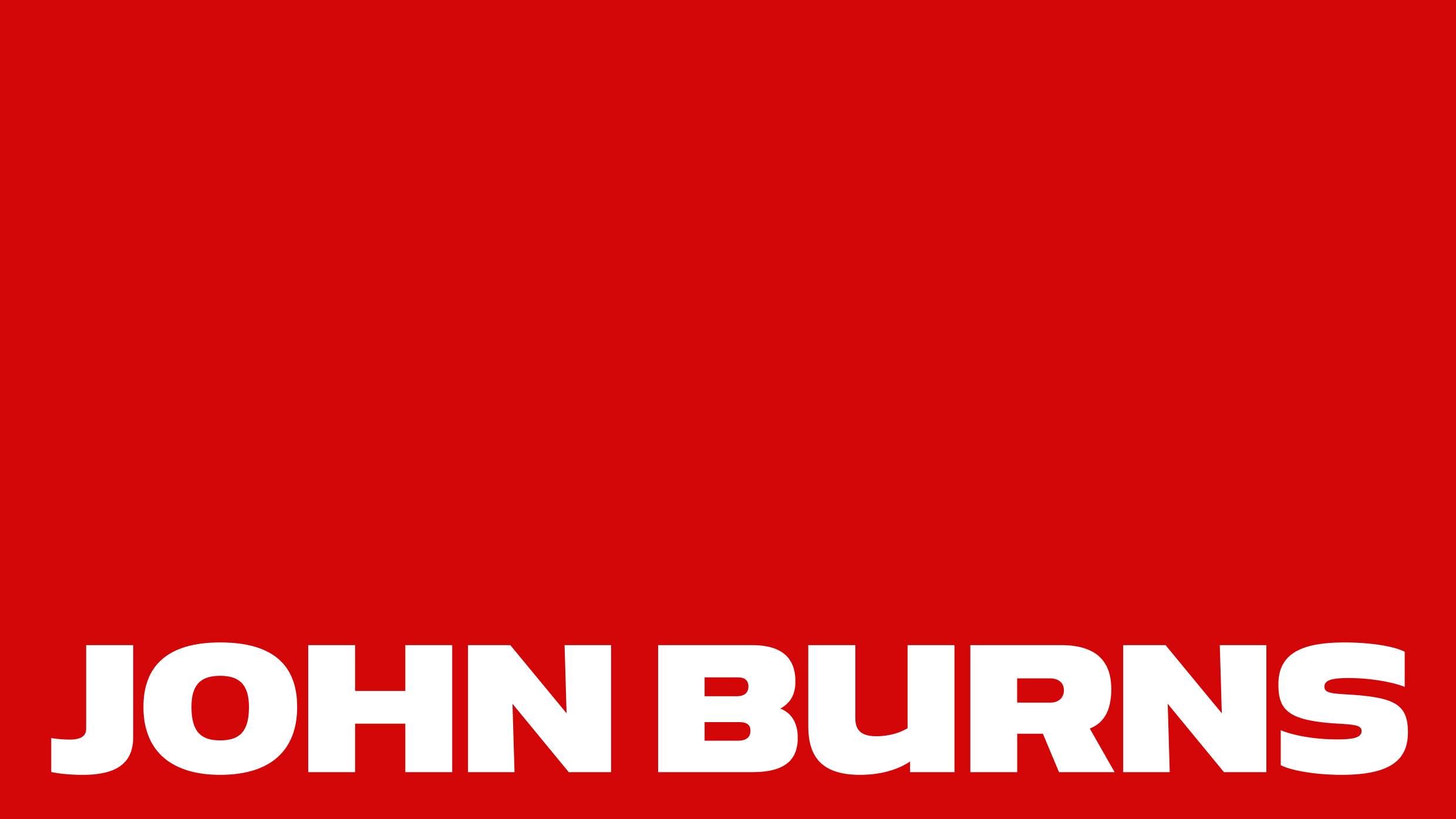 White John Burns text logo positioned at the bottom of a solid red background.