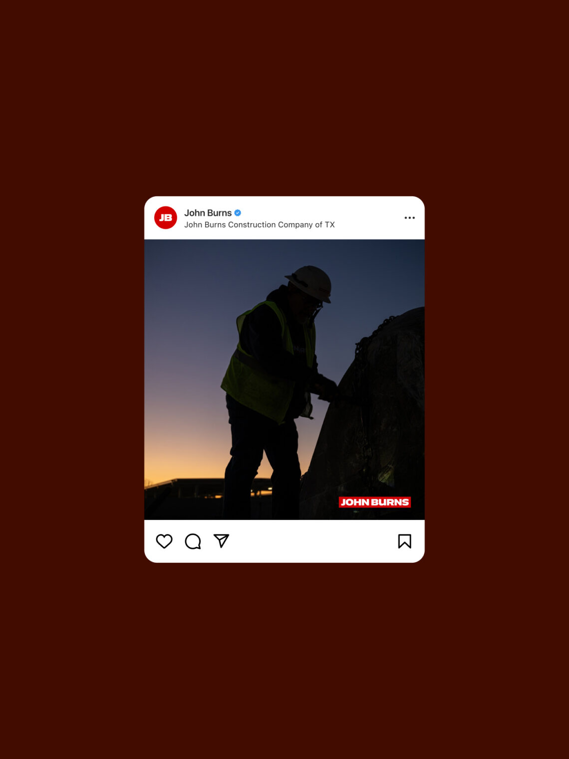 Social media post template showcasing a silhouette of a John Burns construction worker at sunset.