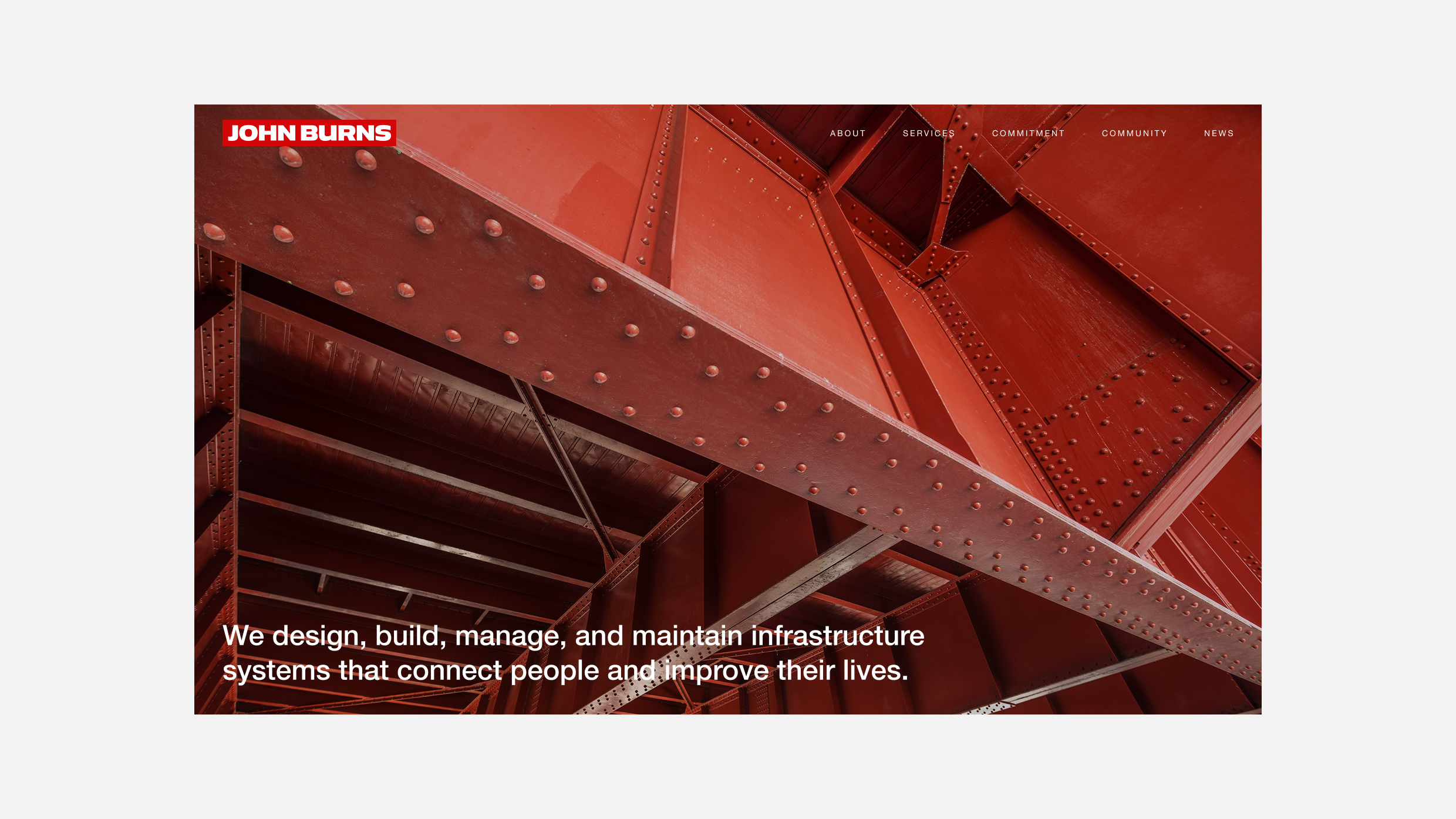 Website homepage for John Burns showcasing red steel bridge infrastructure design and engineering.
