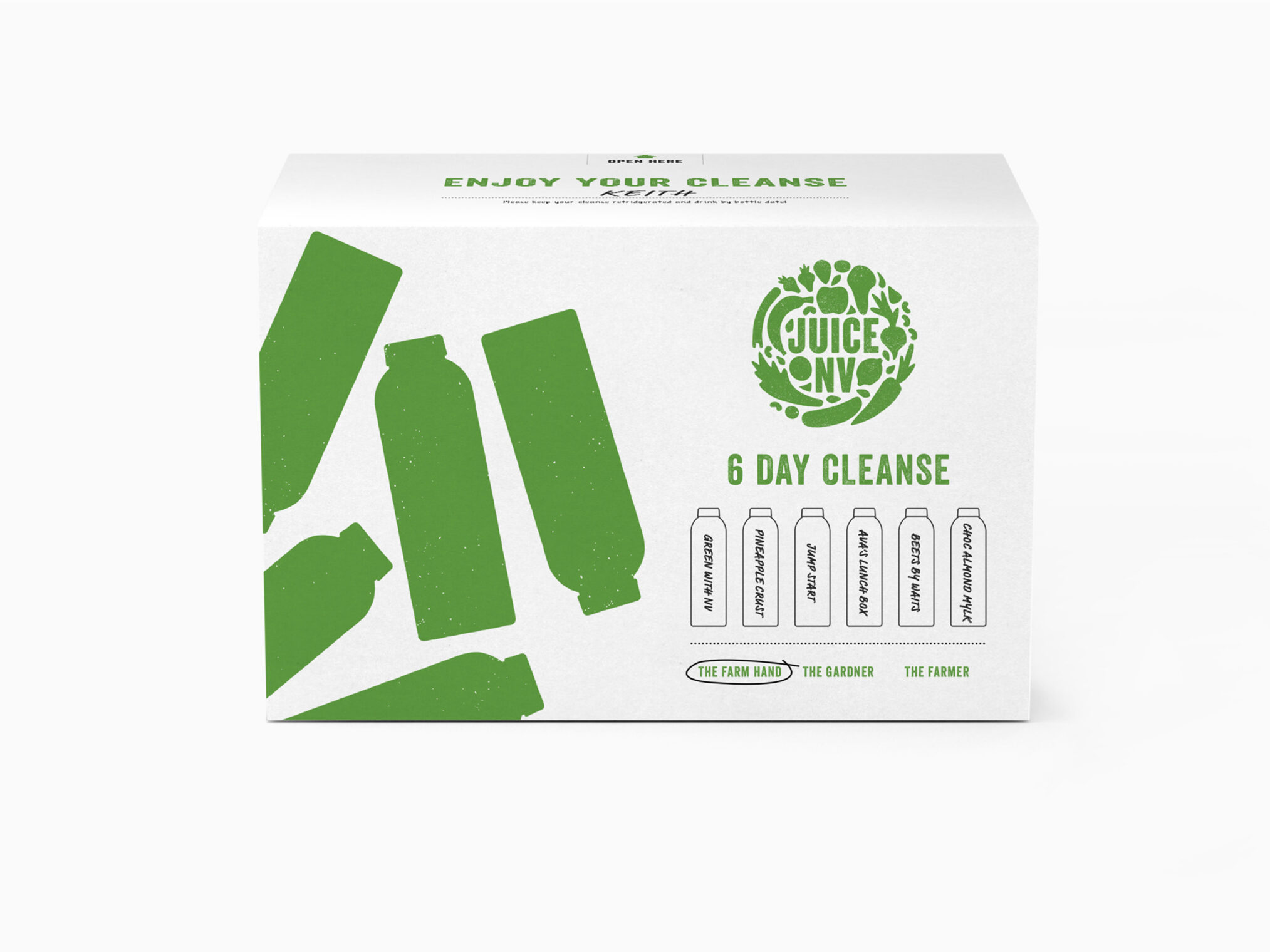 White shipping box for Juice NV featuring a green six-day cleanse juice layout.