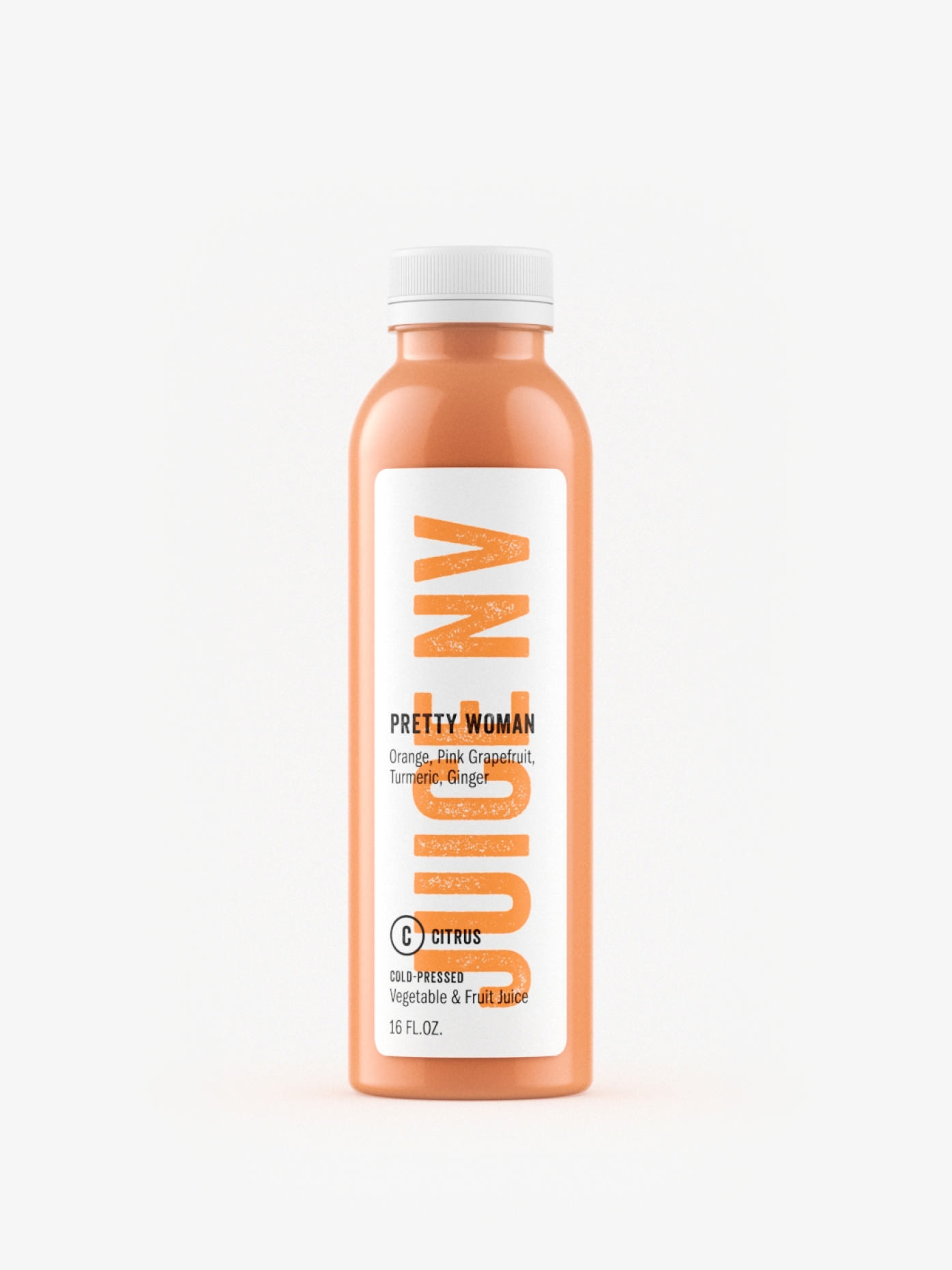Clear plastic bottle of orange cold-pressed juice with a vertical white Juice NV label.