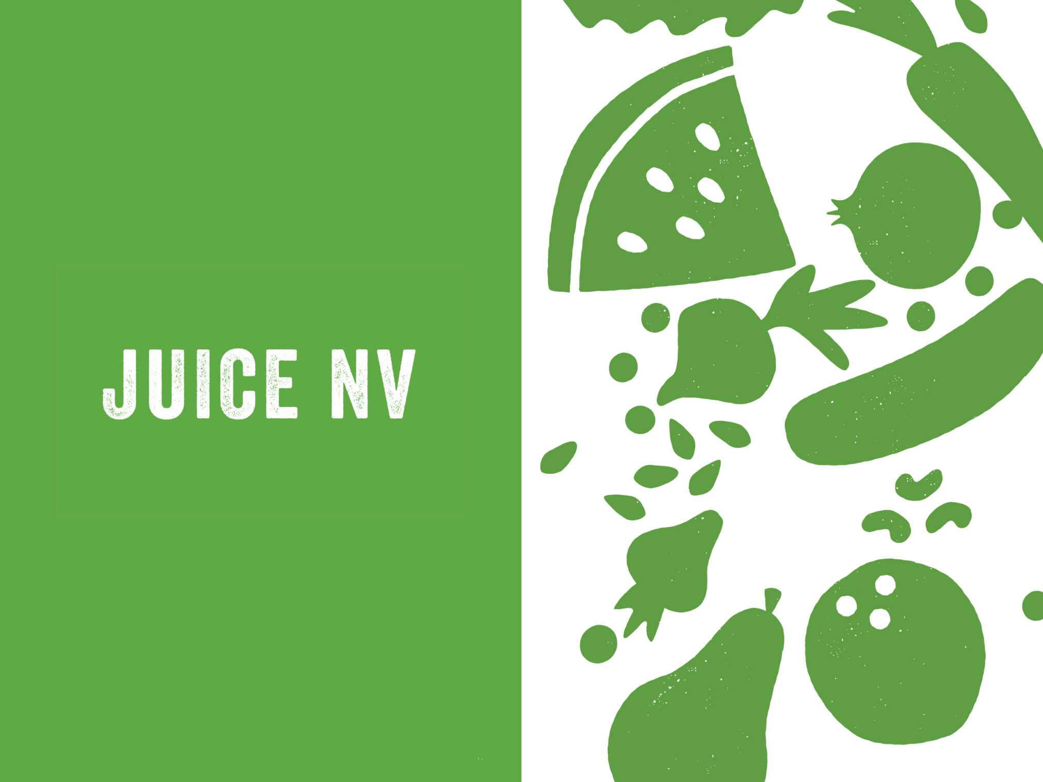 Juice NV brand graphic divided into solid green and white with vegetable silhouettes.