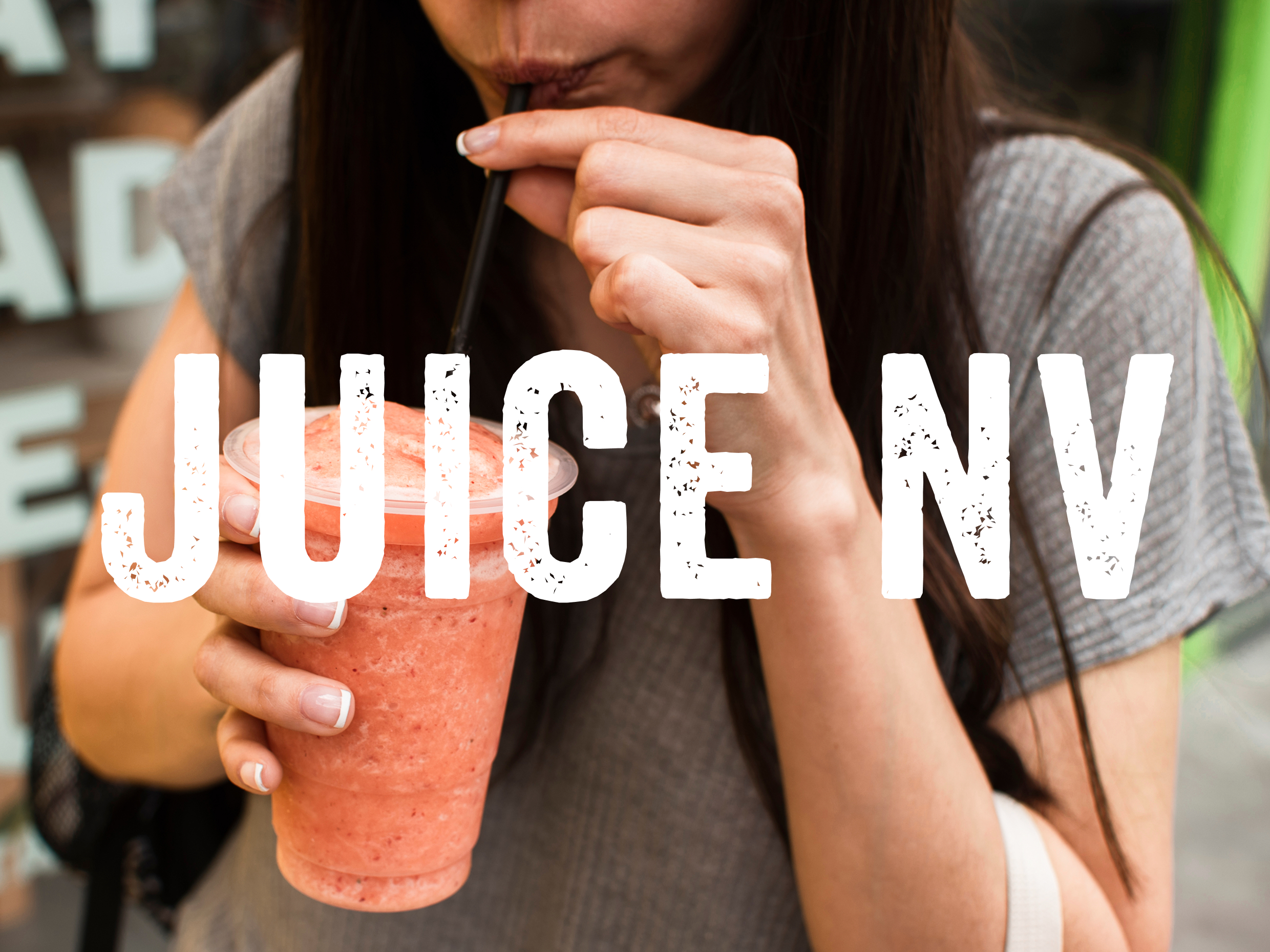 Close-up of a woman drinking a pink fruit smoothie and JuiceNV logo.