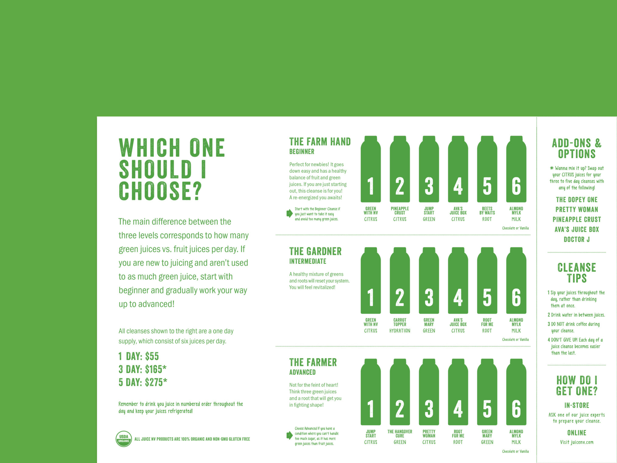 Juice NV cleanse menu details program pricing, juice order, and vegetable ingredients.