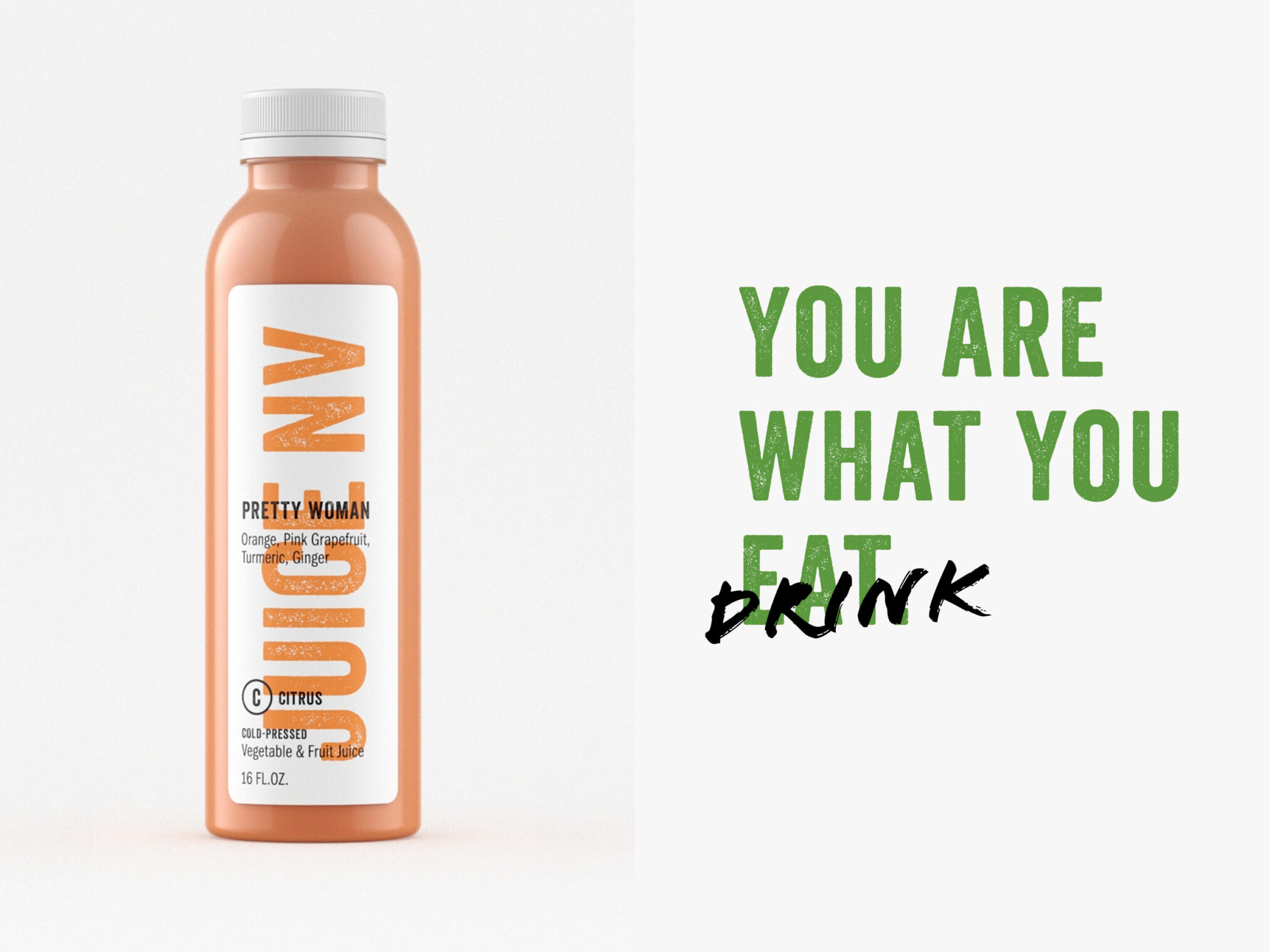 Clear plastic bottle of orange cold-pressed vegetable juice beside healthy tagline text.