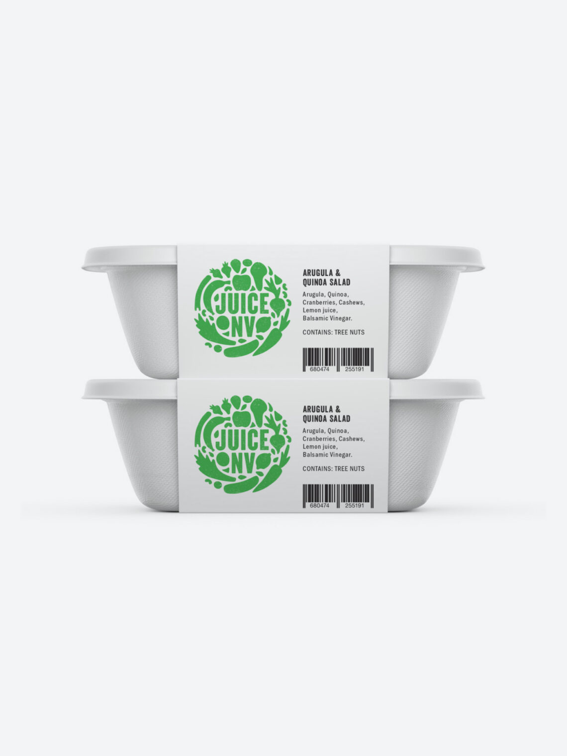 Two stacked white compostable food containers featuring the green circular Juice NV logo.