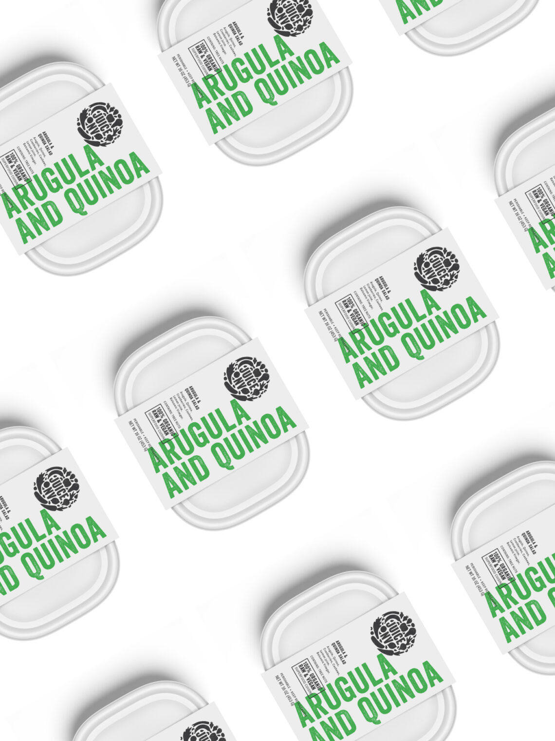 Diagonal repeating pattern of white plastic takeout containers for Arugula and Quinoa Salad.