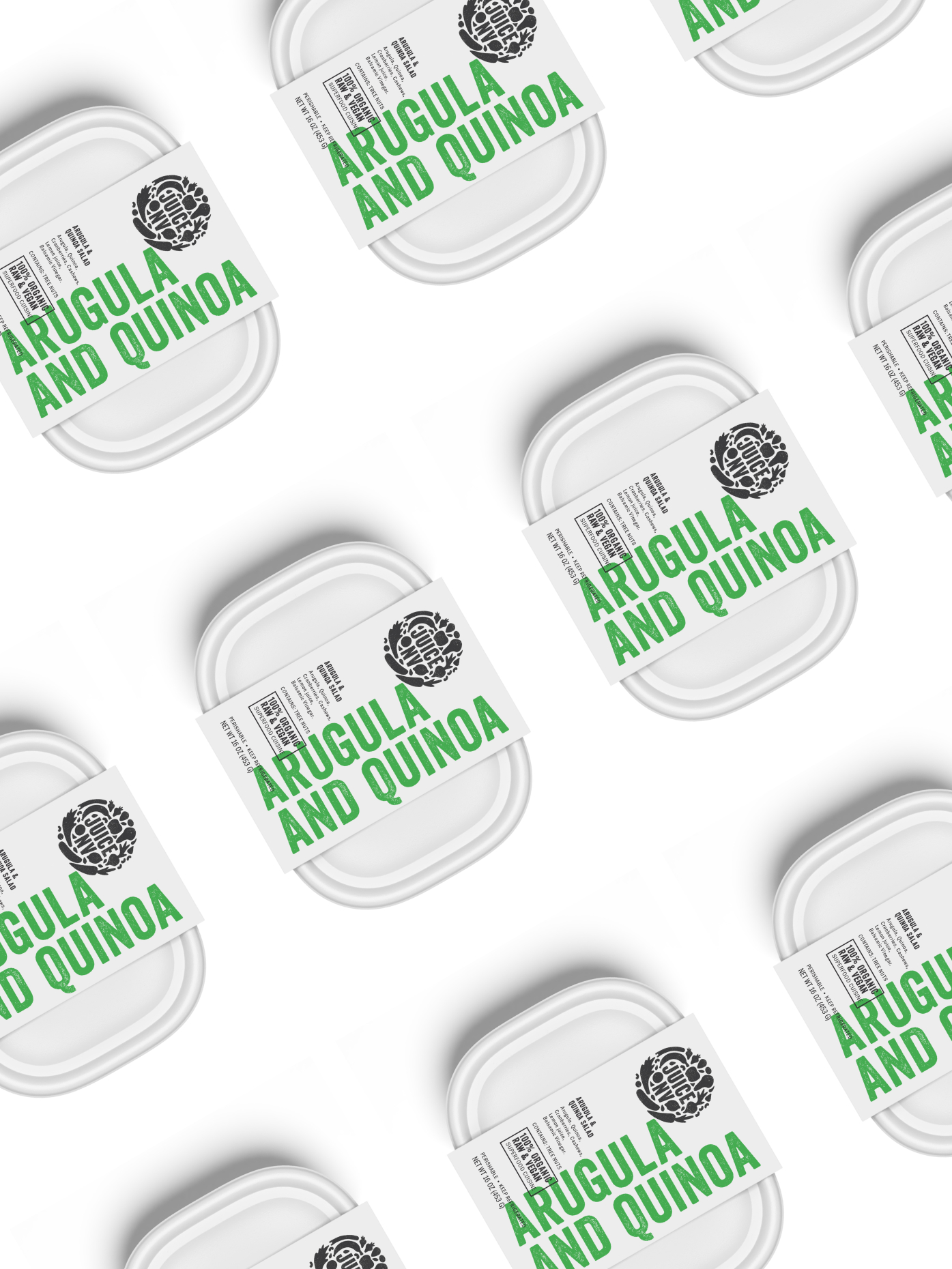 Diagonal repeating pattern of white plastic takeout containers for Arugula and Quinoa Salad.