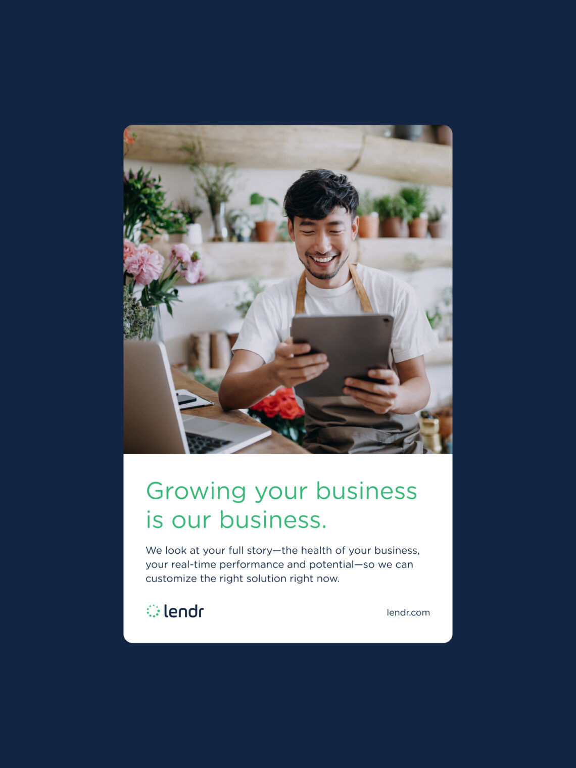 Digital advertisement featuring a smiling florist using a tablet for Lendr business financing solutions.