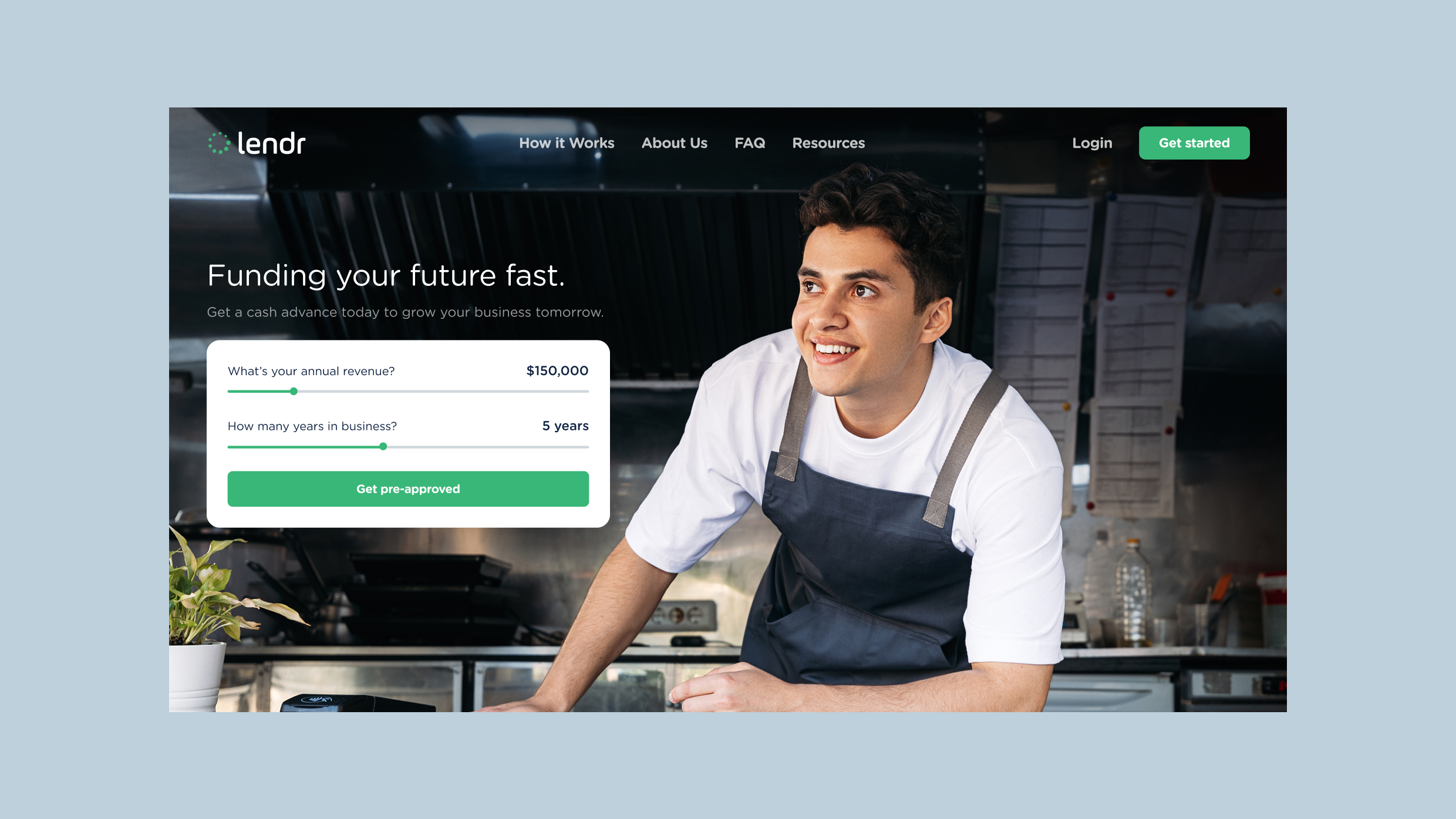 Desktop homepage for Lendr business financing platform showing interactive revenue estimation slider tool.