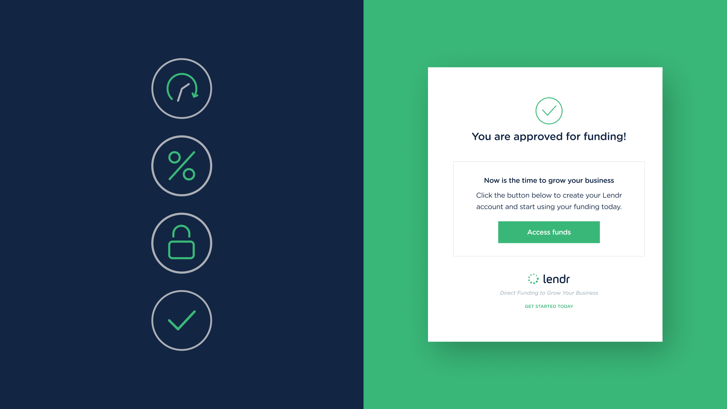 Graphic design layout showing Lendr website UI icons next to a funding approval notification.