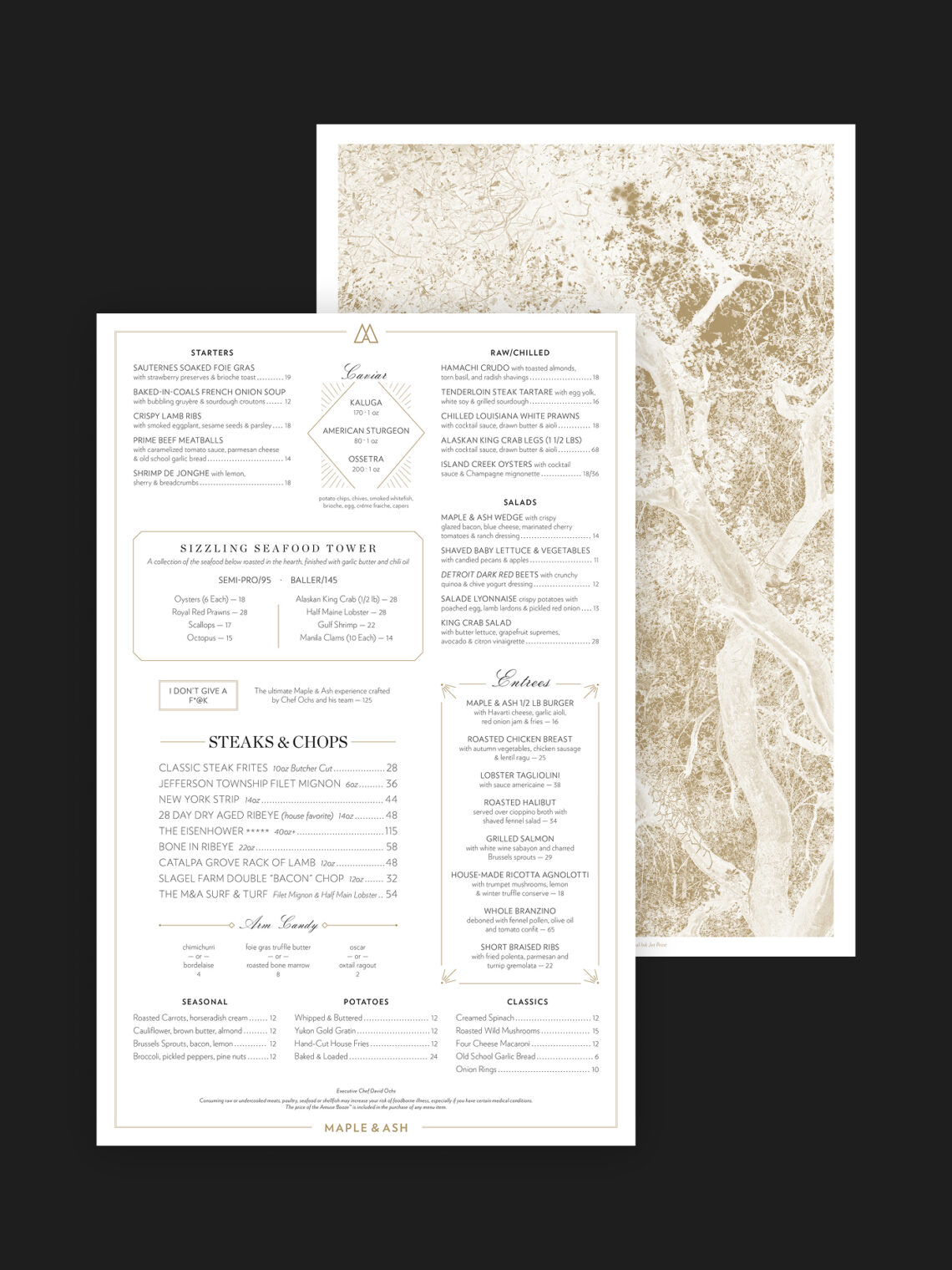 Maple & Ash full dinner menu with steaks, seafood, and caviar program