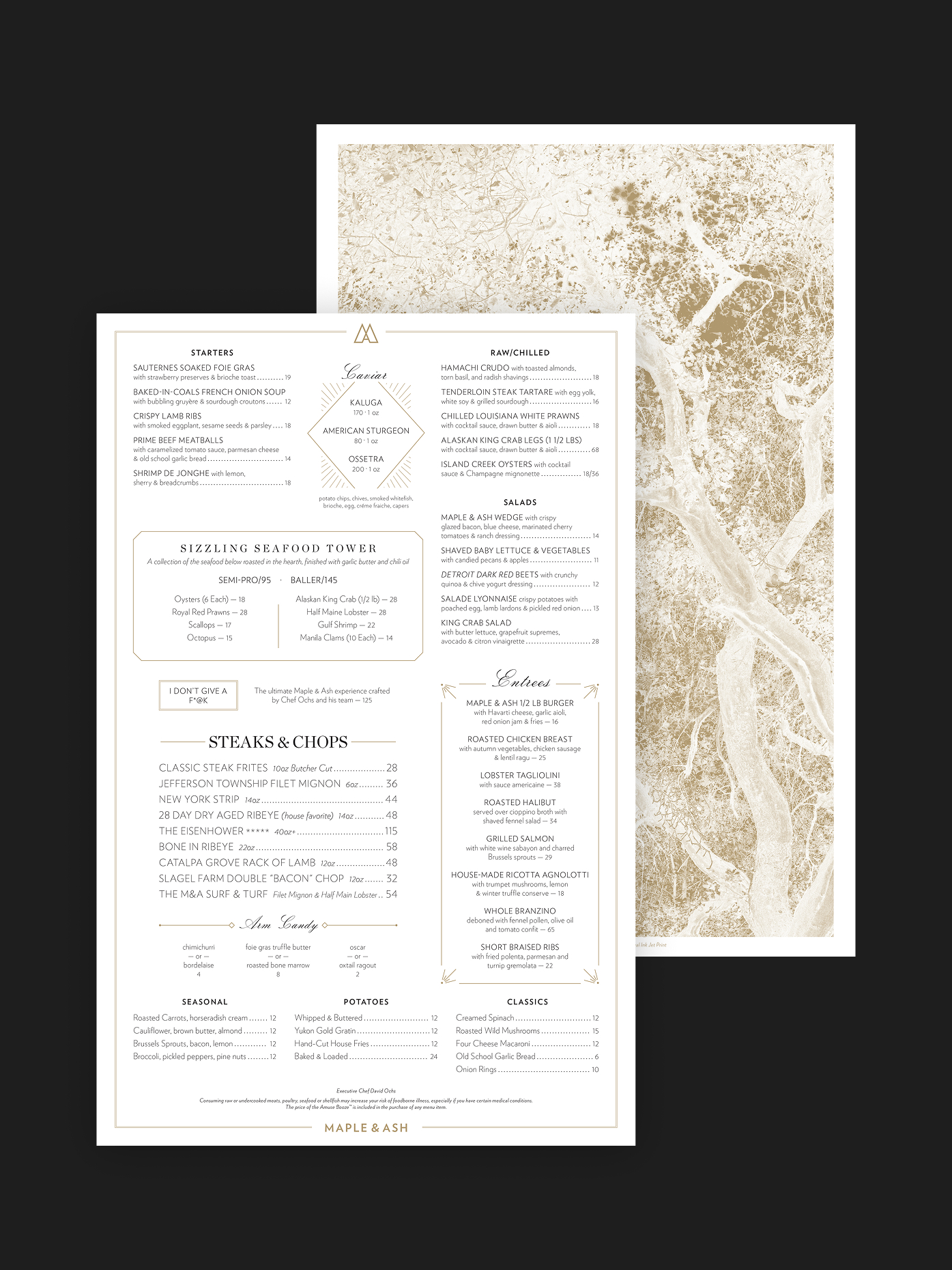 Maple & Ash full dinner menu with steaks, seafood, and caviar program